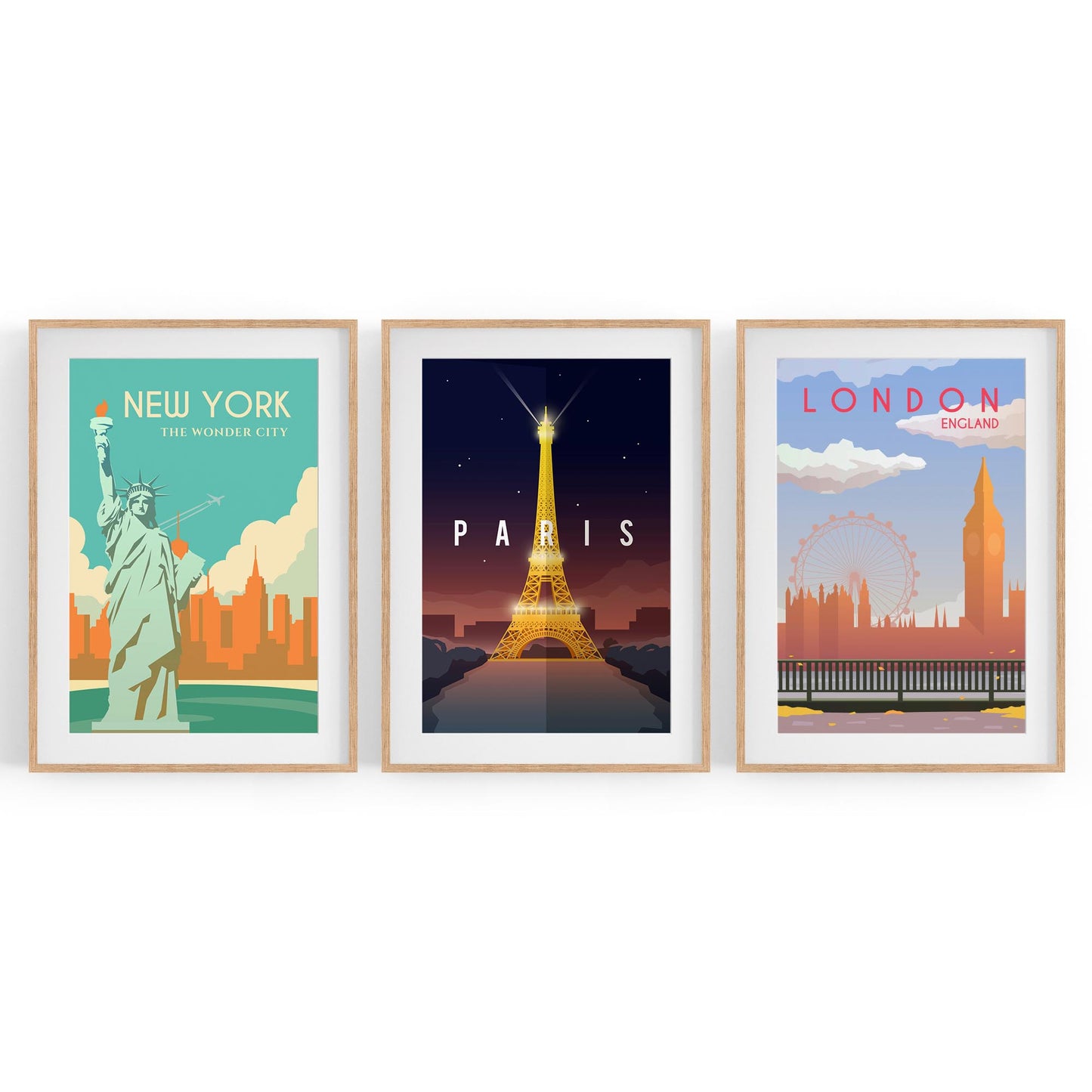 Set of Retro Travel Wall Art (Paris, New York, London) - The Affordable Art Company