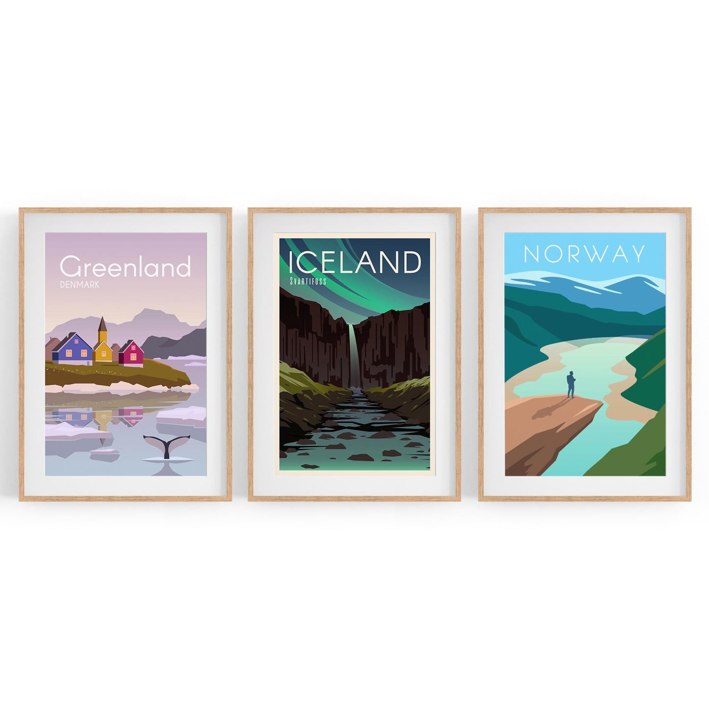 Set of Retro Travel Wall Art (Norway, Iceland, Greenland) - The Affordable Art Company