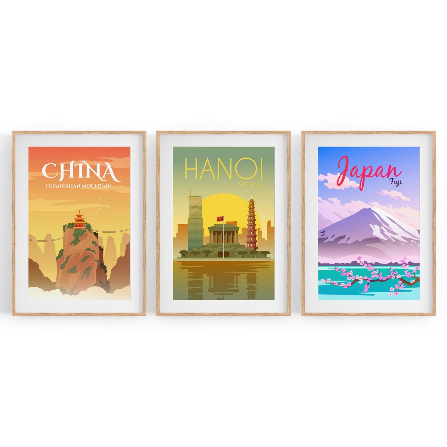 Set of Retro Travel Wall Art (Asian Travel) - The Affordable Art Company