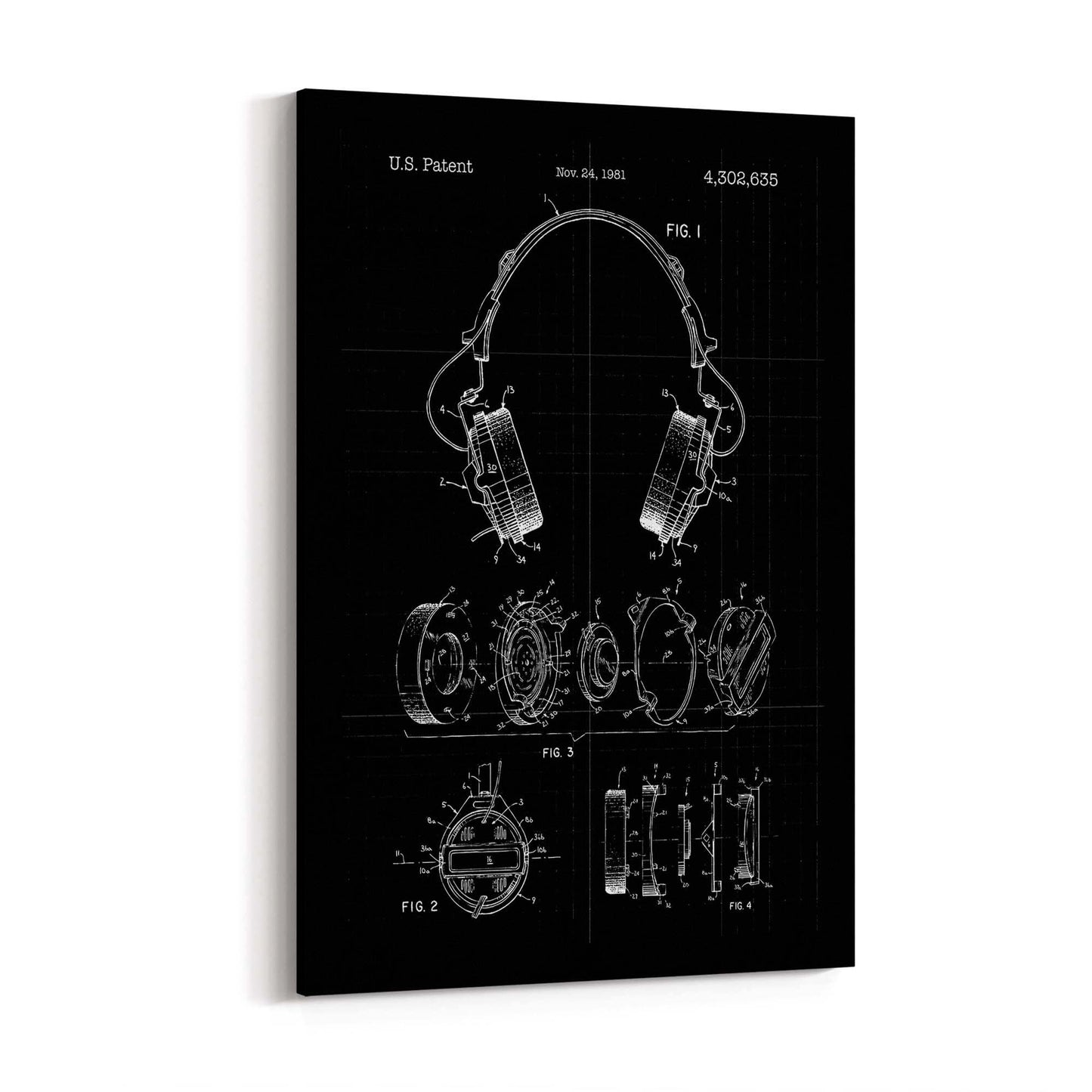 Vintage Music Headphones Black Patent Wall Art #1 - The Affordable Art Company