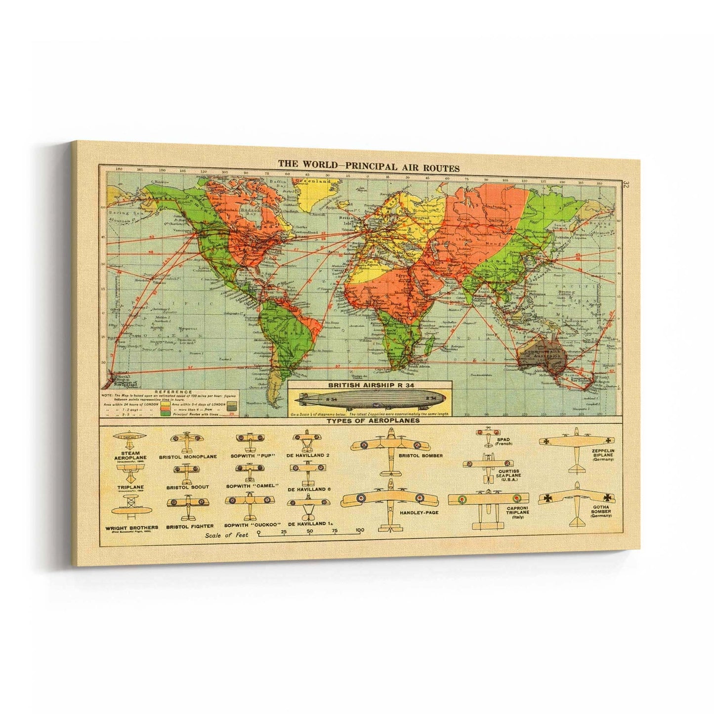 Vintage Air Routes Map Aviation Wall Art - The Affordable Art Company