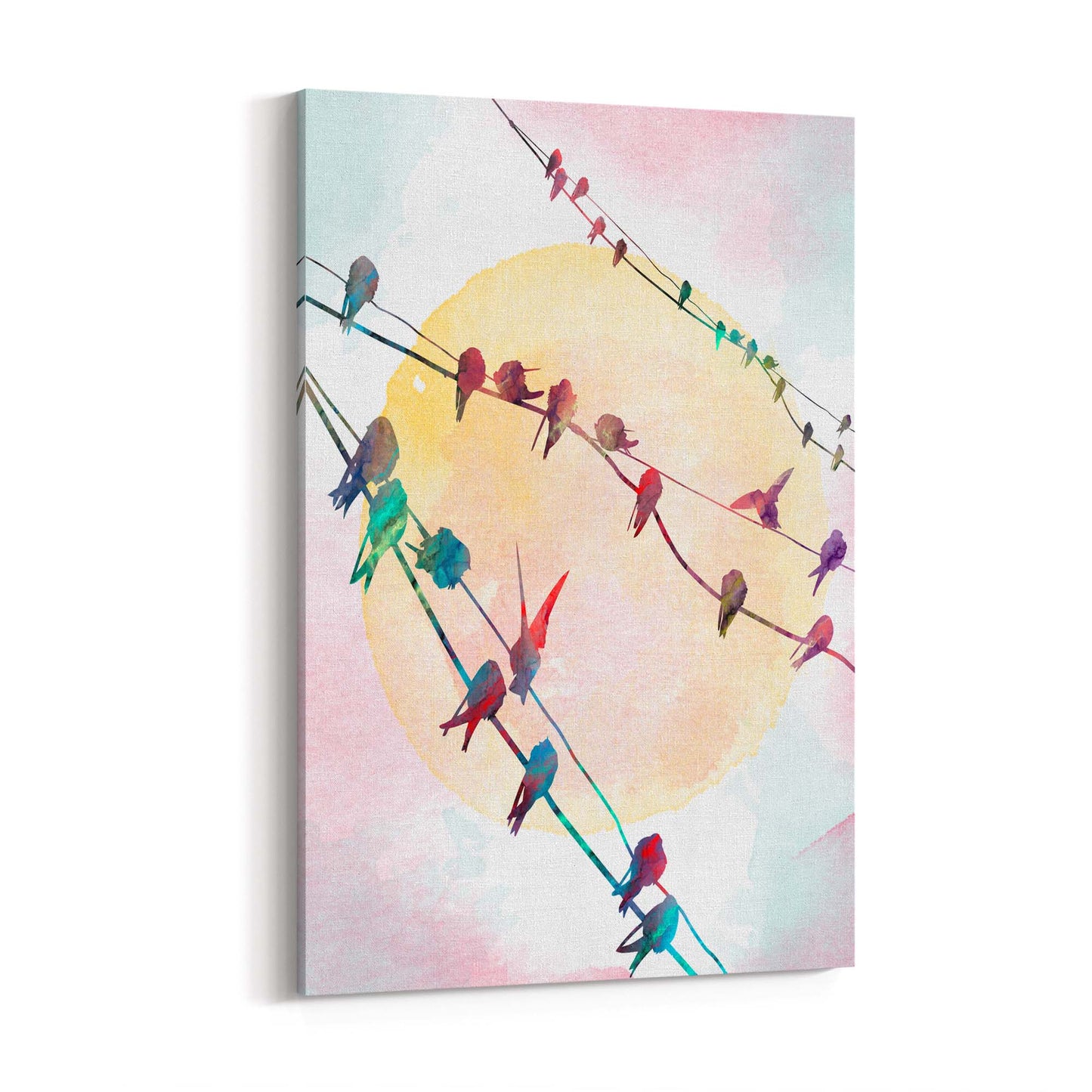 Birds On The Line Watercolour Scene Wall Art - The Affordable Art Company