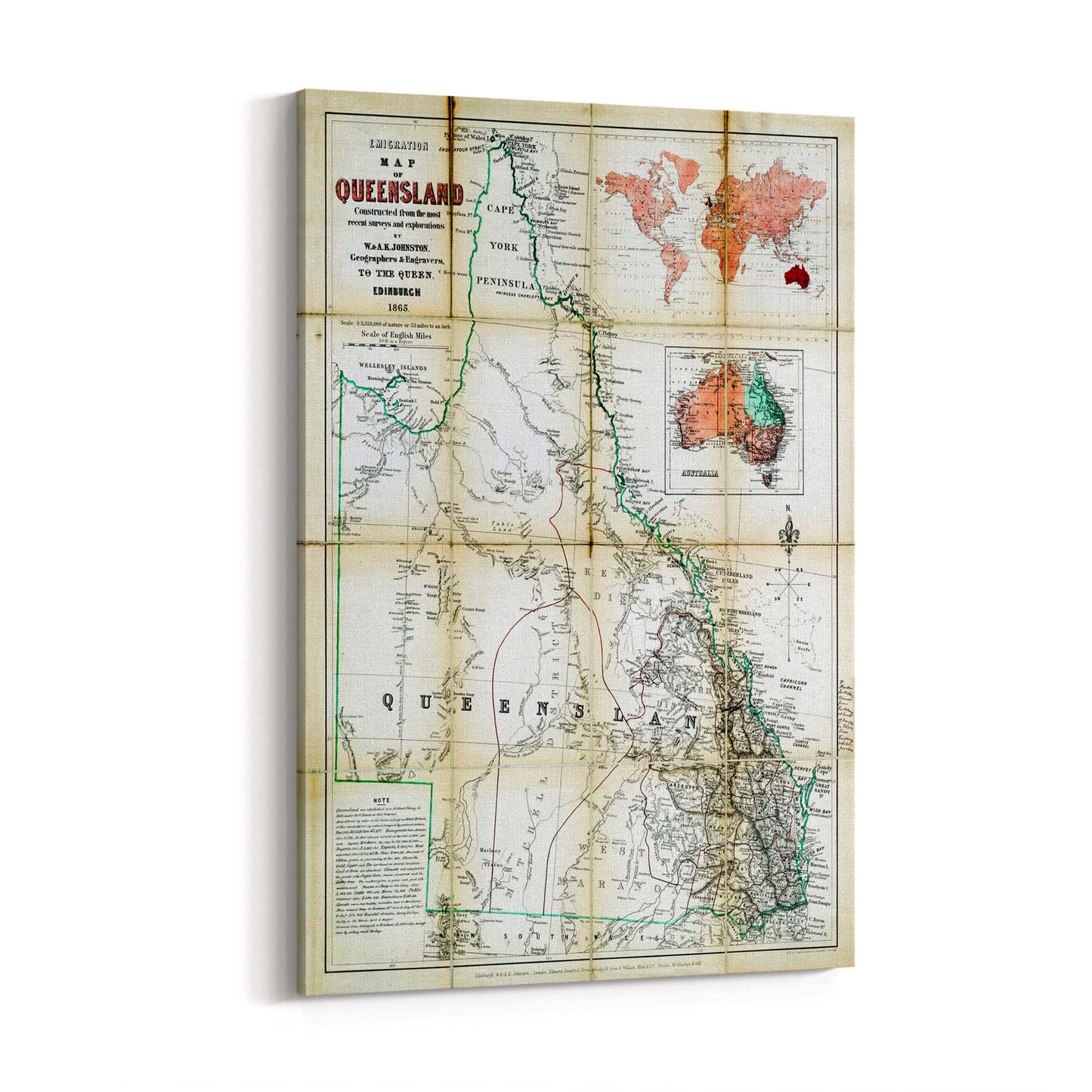 Queensland Australia Vintage Map Wall Art #3 - The Affordable Art Company