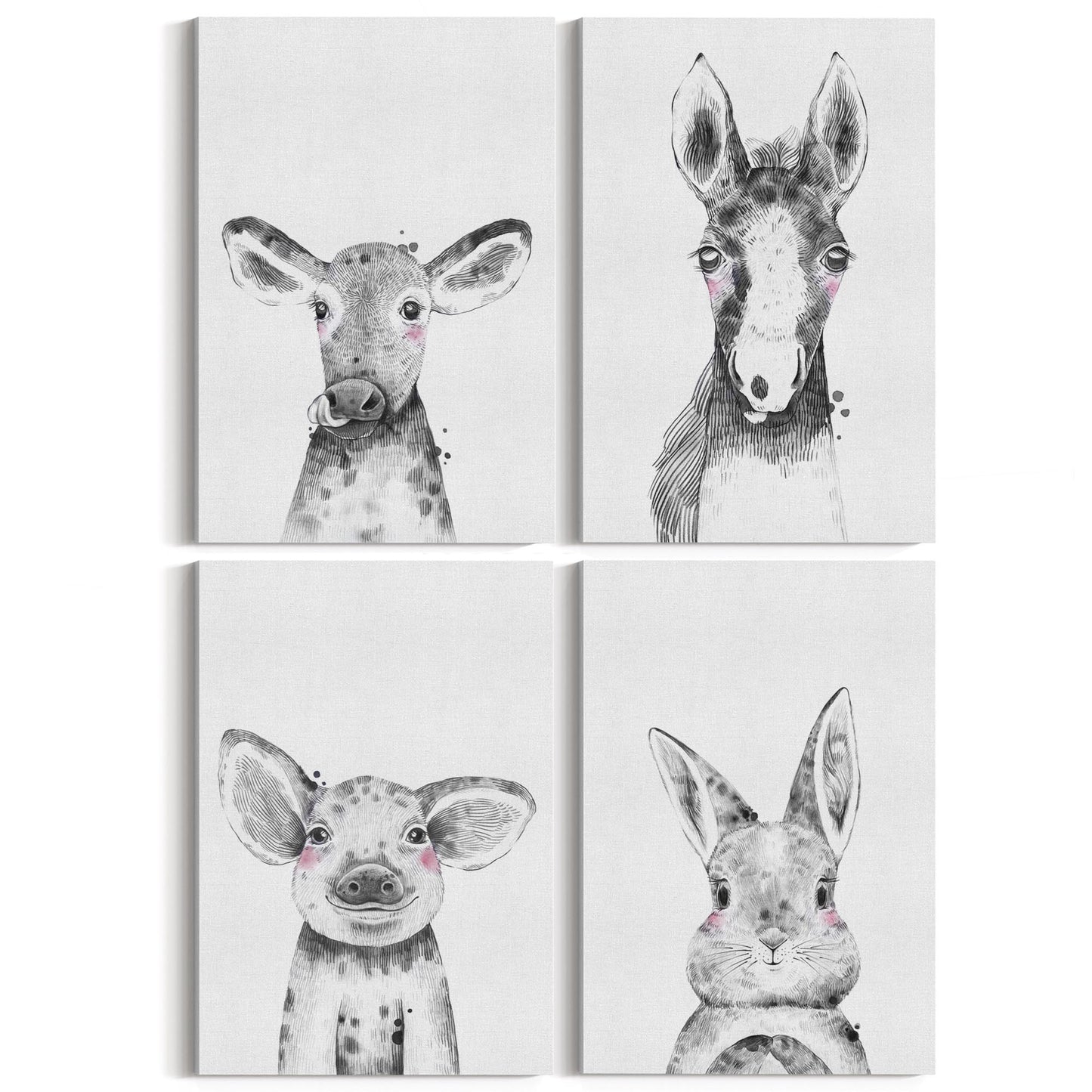 Set of 4 Cute Baby Nursery Country Farm Animal Drawings Wall Art - The Affordable Art Company