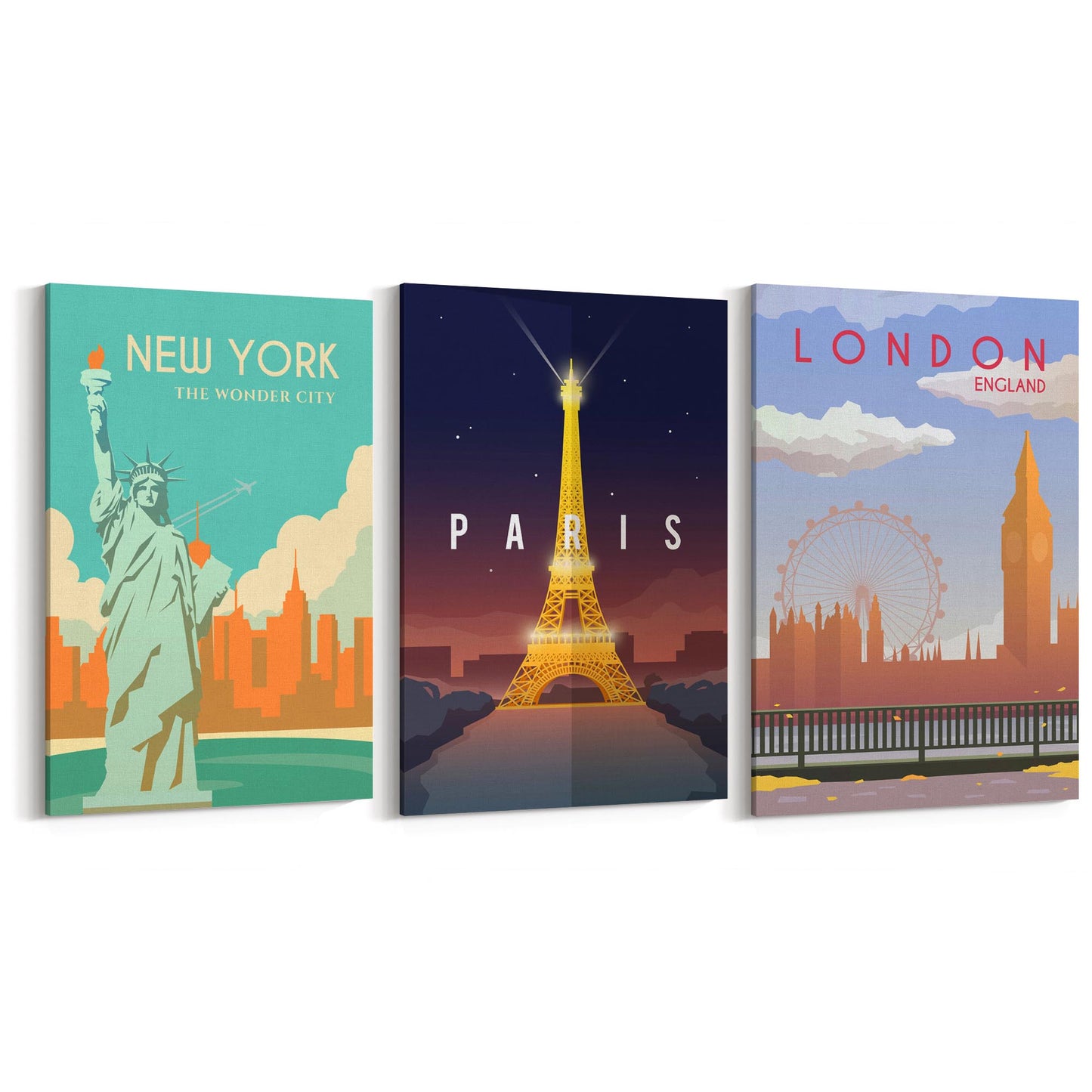 Set of Retro Travel Wall Art (Paris, New York, London) - The Affordable Art Company