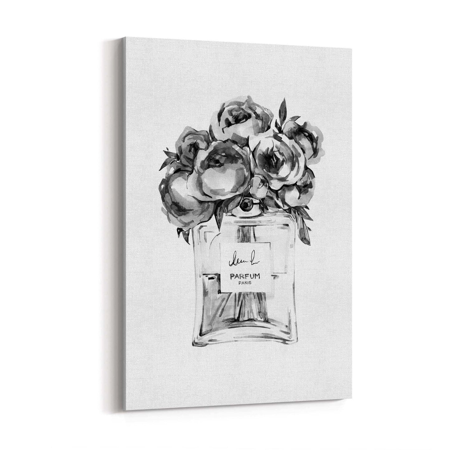 Black and White Floral Perfume Bottle Fashion Wall Art - The Affordable Art Company