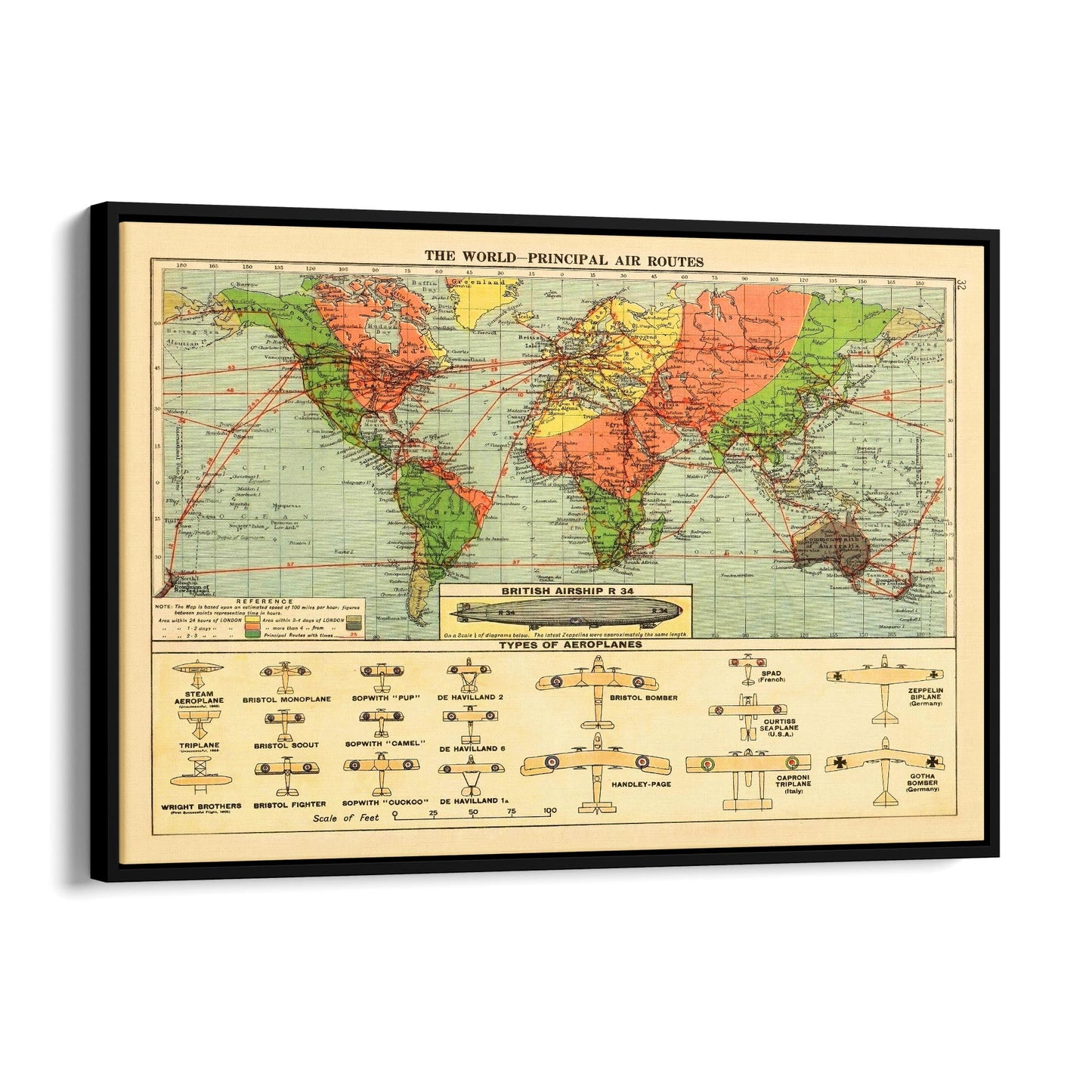 Vintage Air Routes Map Aviation Wall Art - The Affordable Art Company