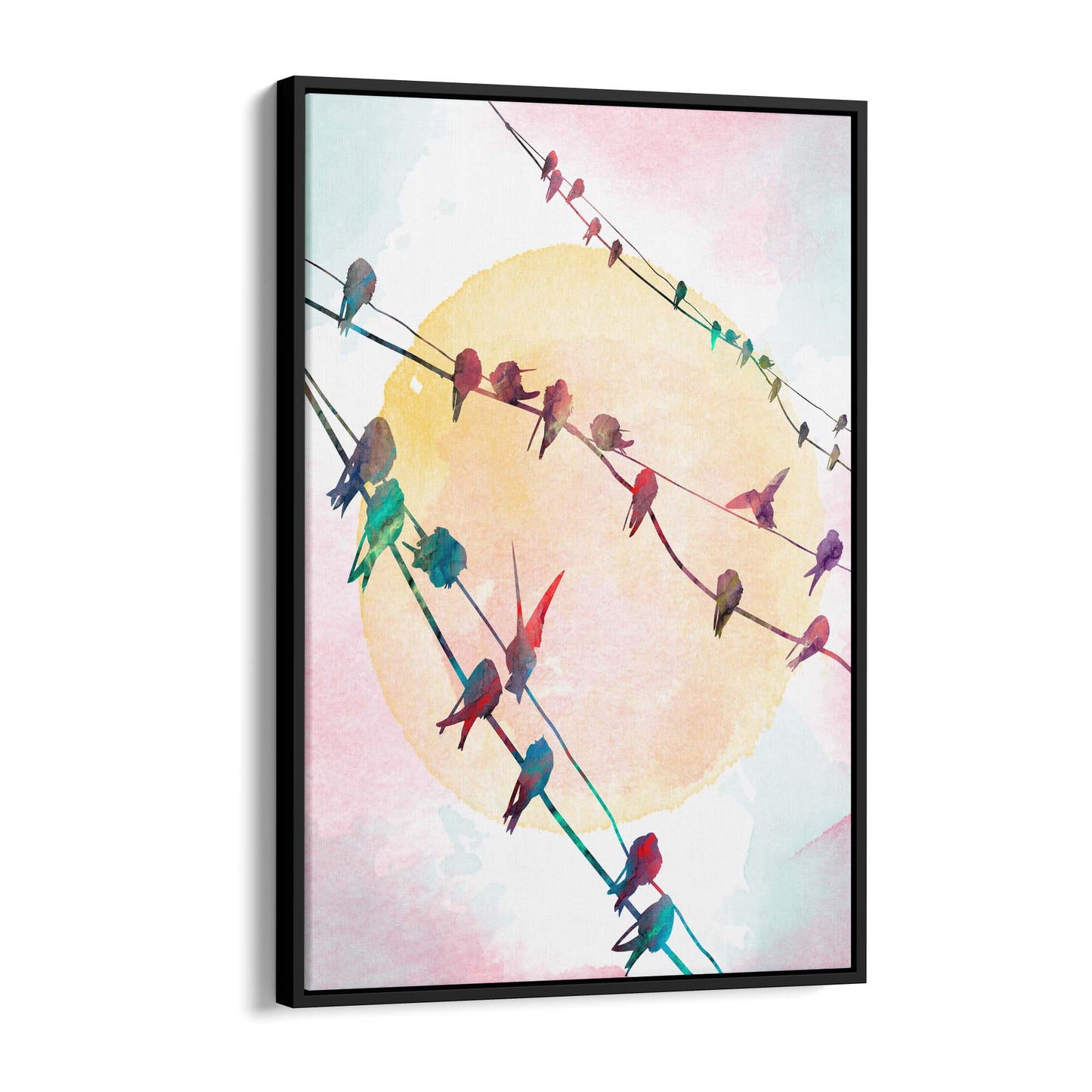 Birds On The Line Watercolour Scene Wall Art - The Affordable Art Company