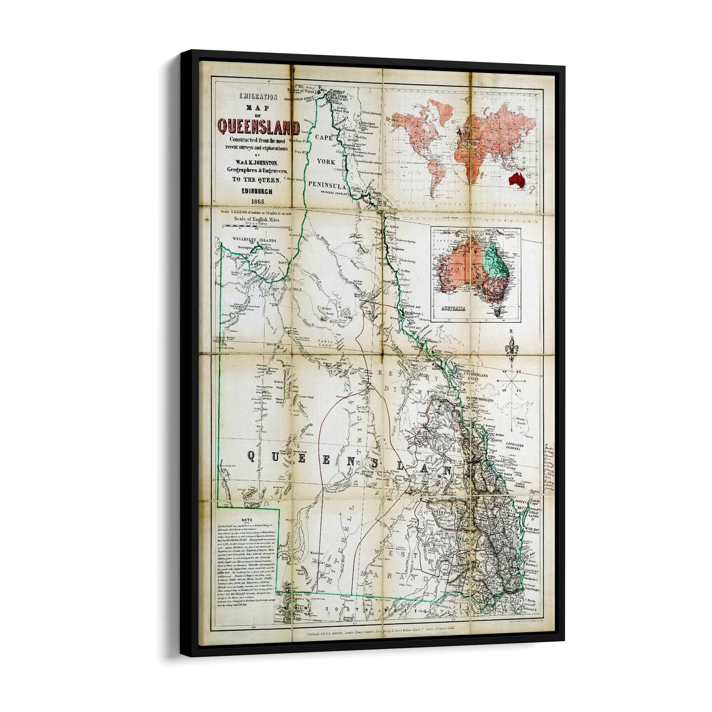 Queensland Australia Vintage Map Wall Art #3 - The Affordable Art Company