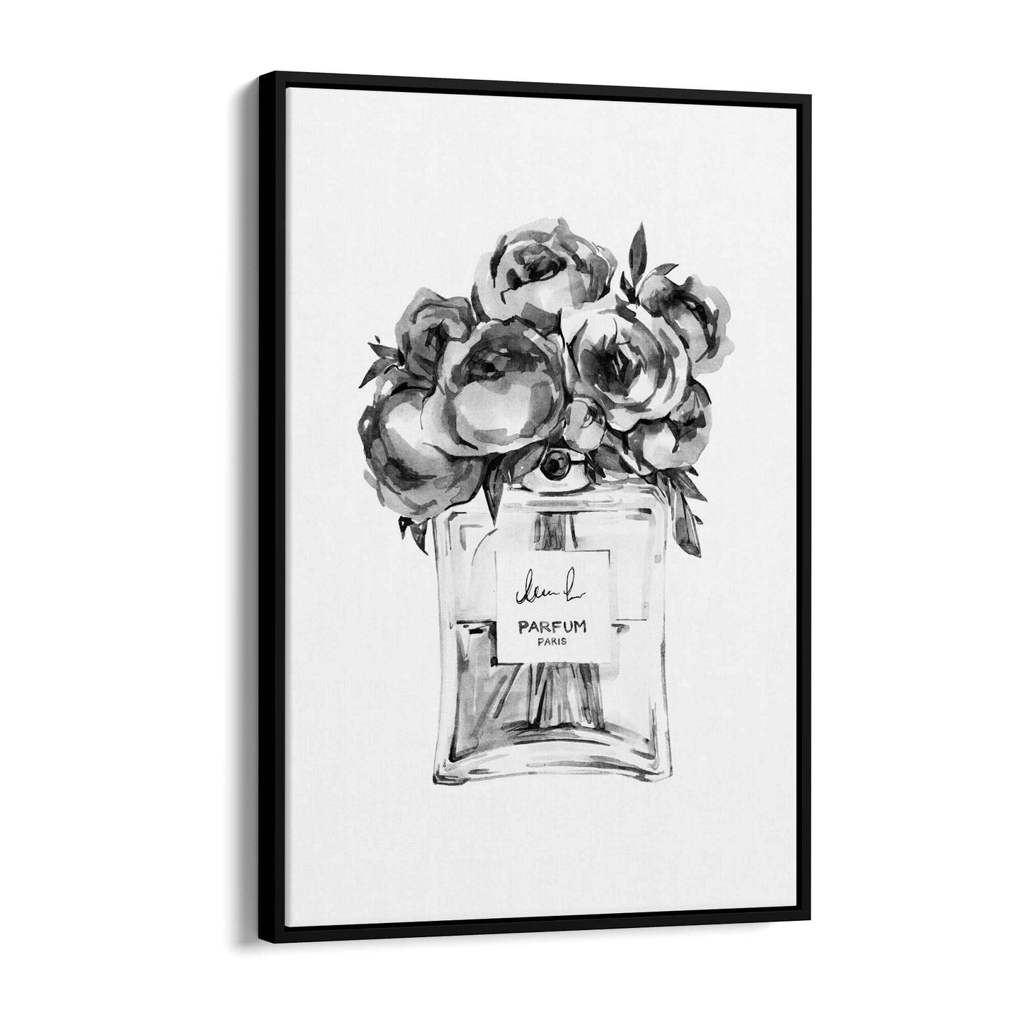 Black and White Floral Perfume Bottle Fashion Wall Art - The Affordable Art Company