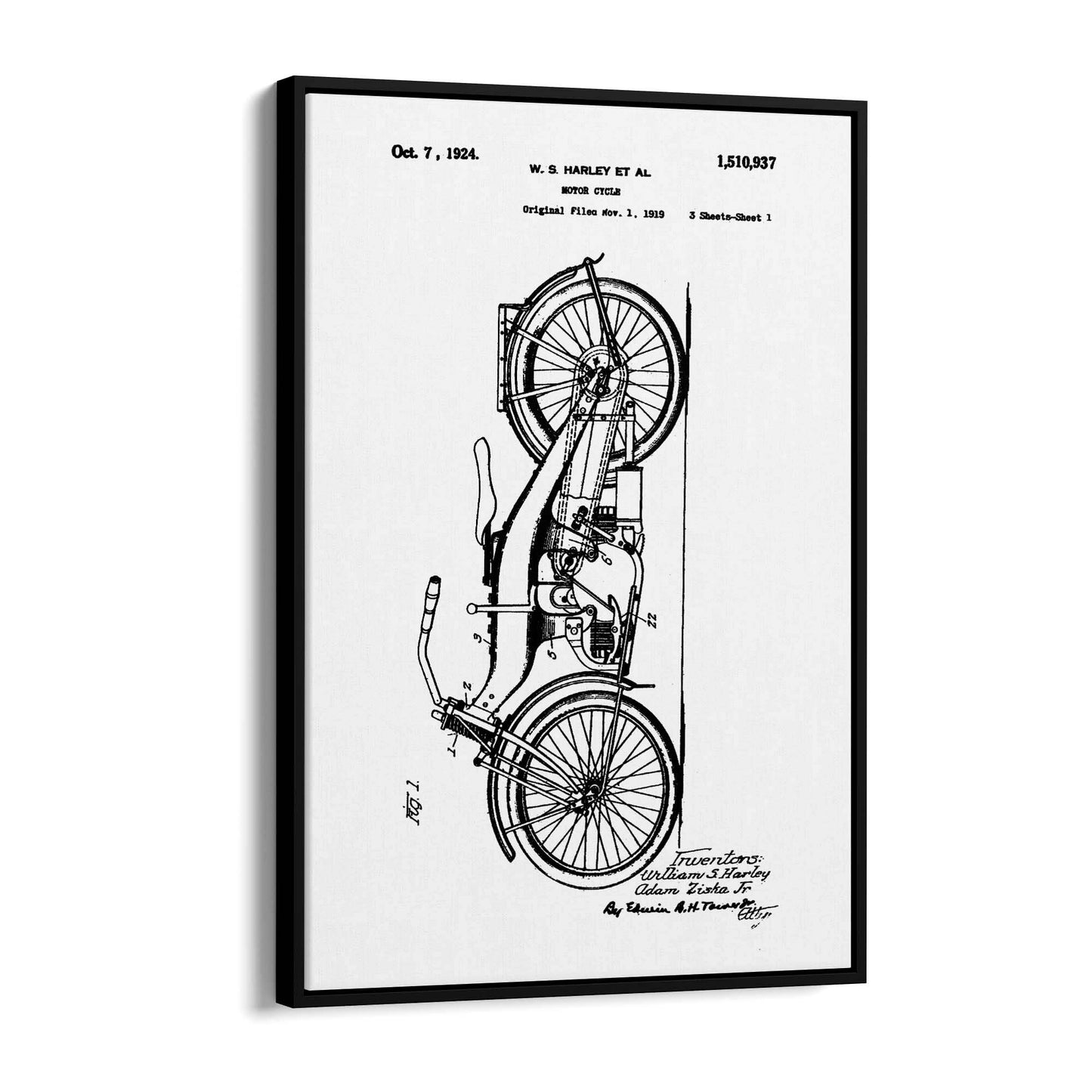 Vintage Harley Motorcycle Patent White Wall Art #2 - The Affordable Art Company