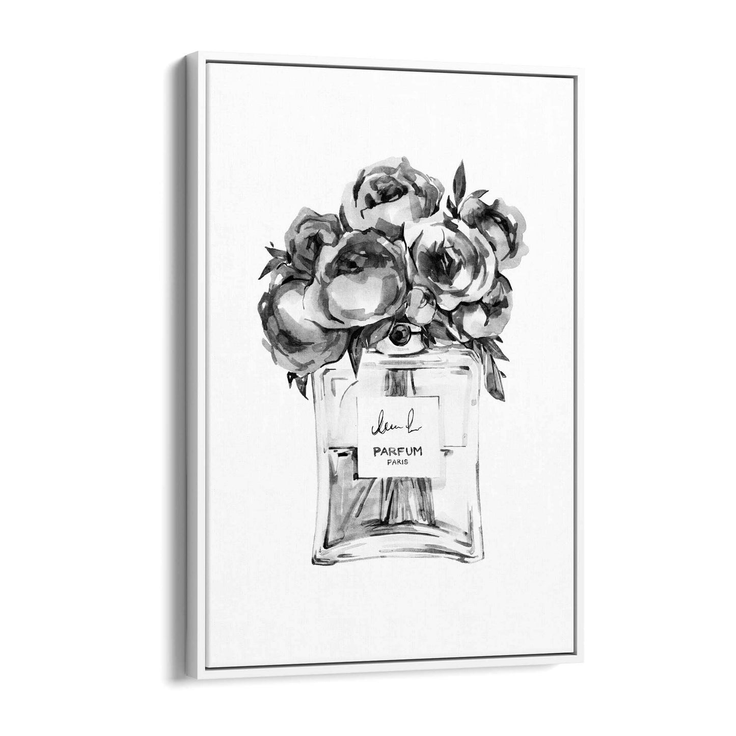 Black and White Floral Perfume Bottle Fashion Wall Art - The Affordable Art Company