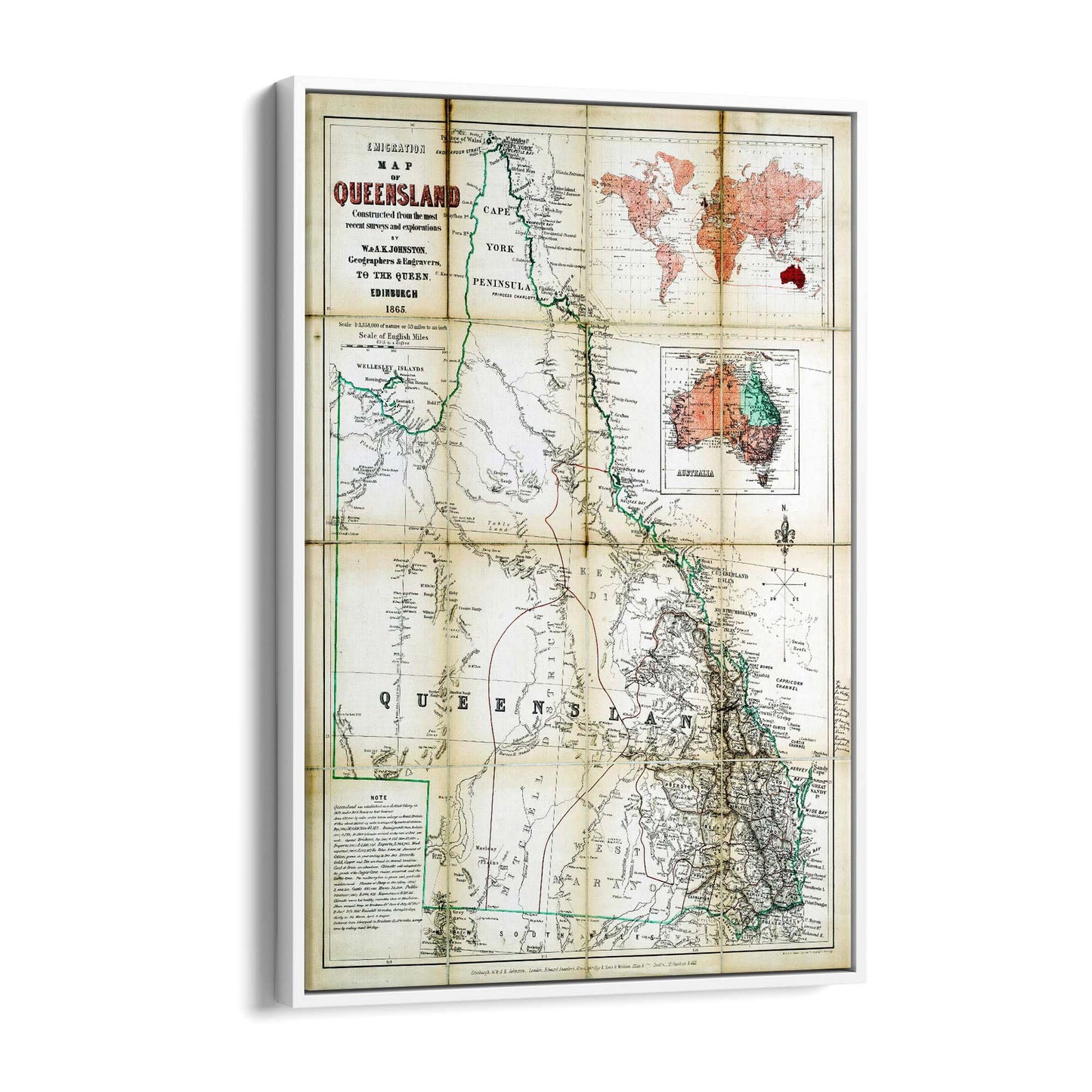 Queensland Australia Vintage Map Wall Art #3 - The Affordable Art Company
