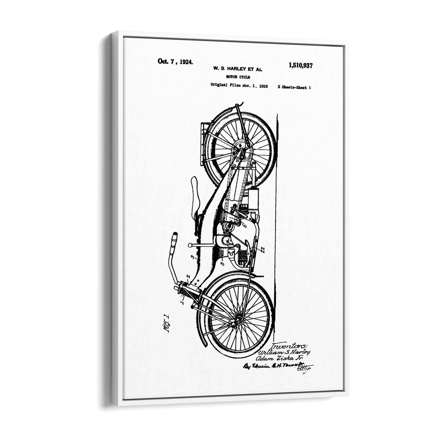 Vintage Harley Motorcycle Patent White Wall Art #2 - The Affordable Art Company