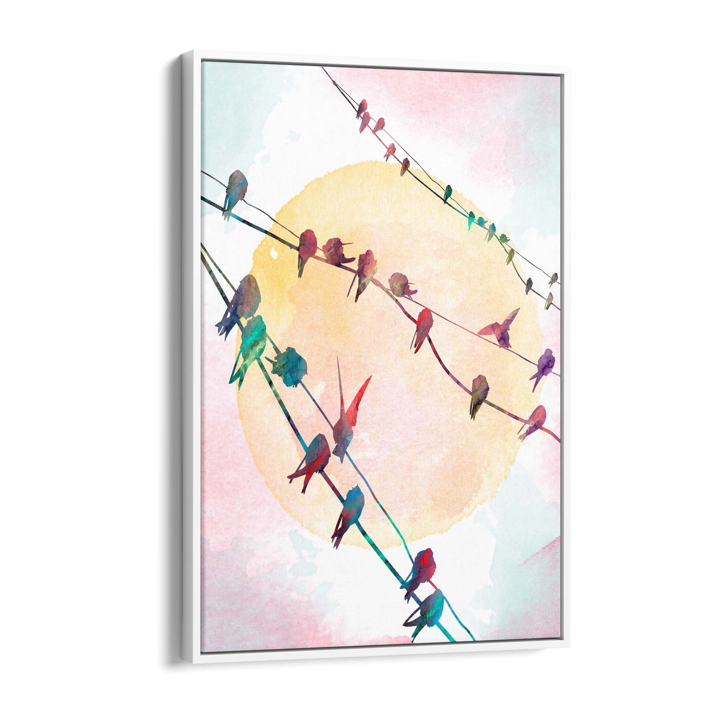 Birds On The Line Watercolour Scene Wall Art - The Affordable Art Company