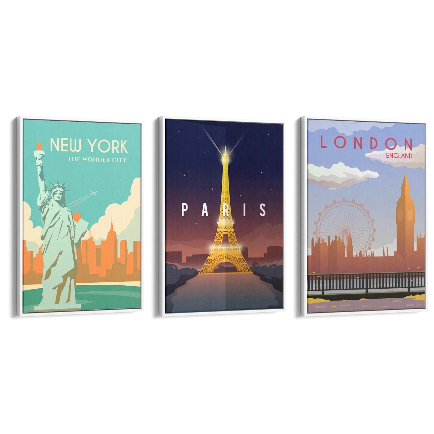 Set of Retro Travel Wall Art (Paris, New York, London) - The Affordable Art Company