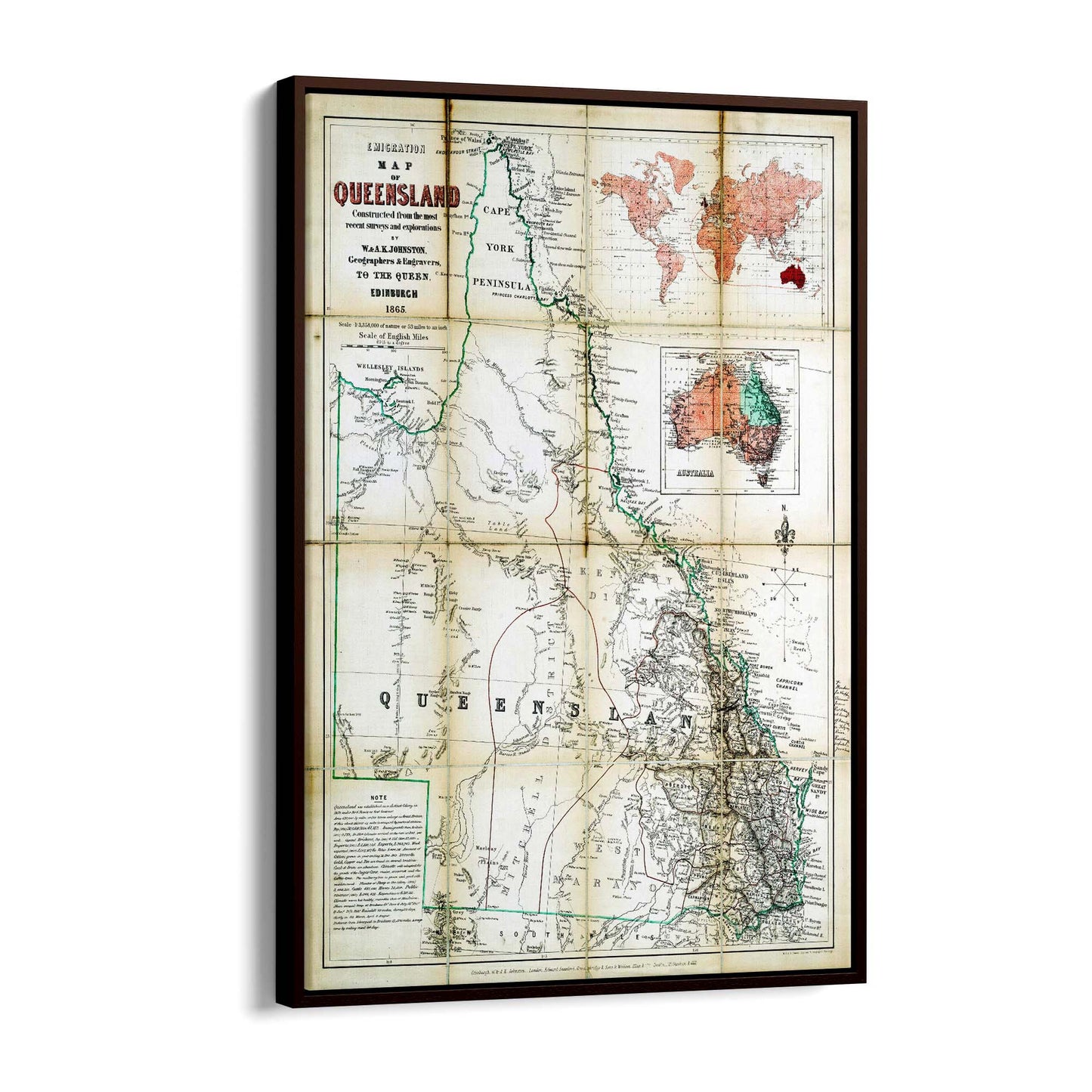 Queensland Australia Vintage Map Wall Art #3 - The Affordable Art Company