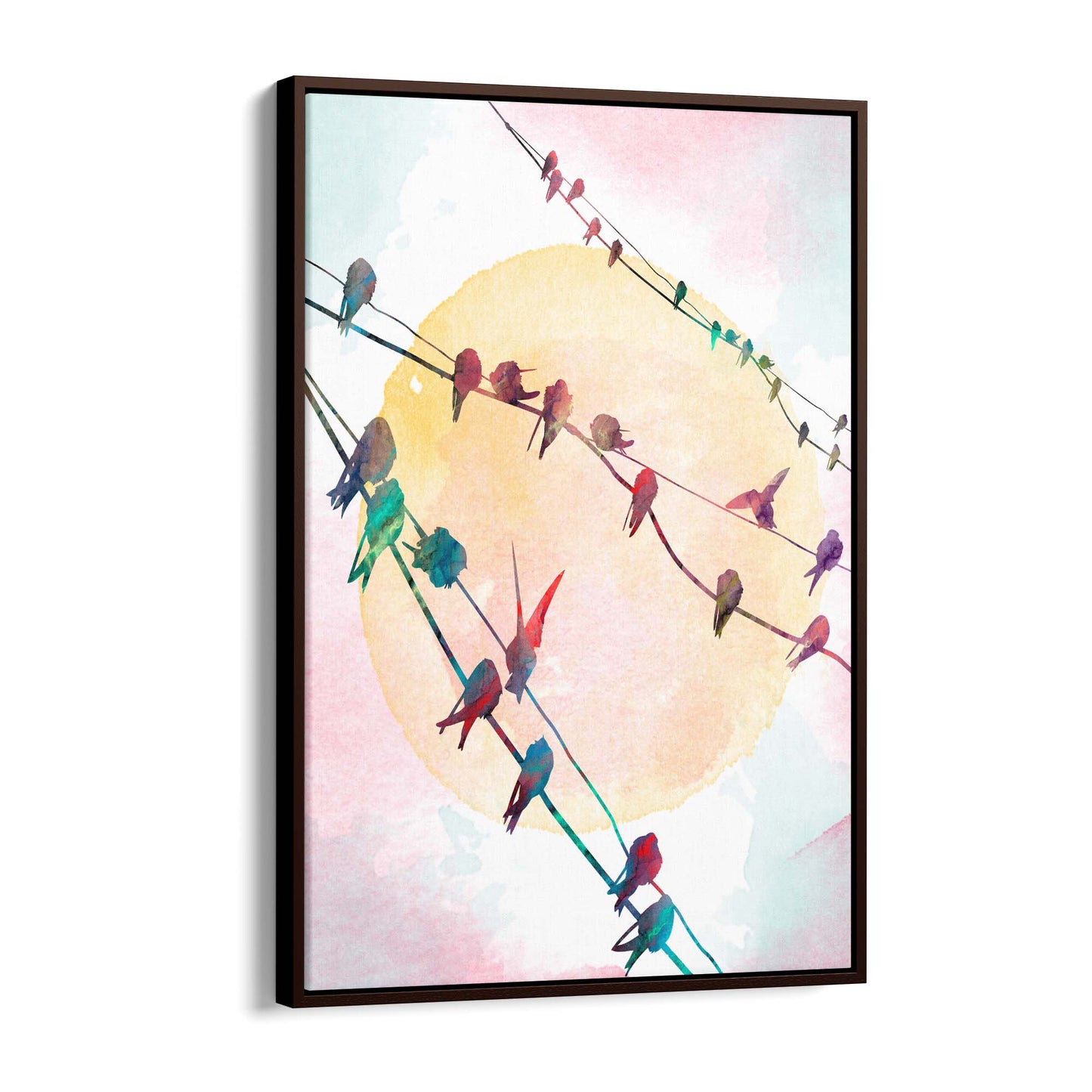 Birds On The Line Watercolour Scene Wall Art - The Affordable Art Company