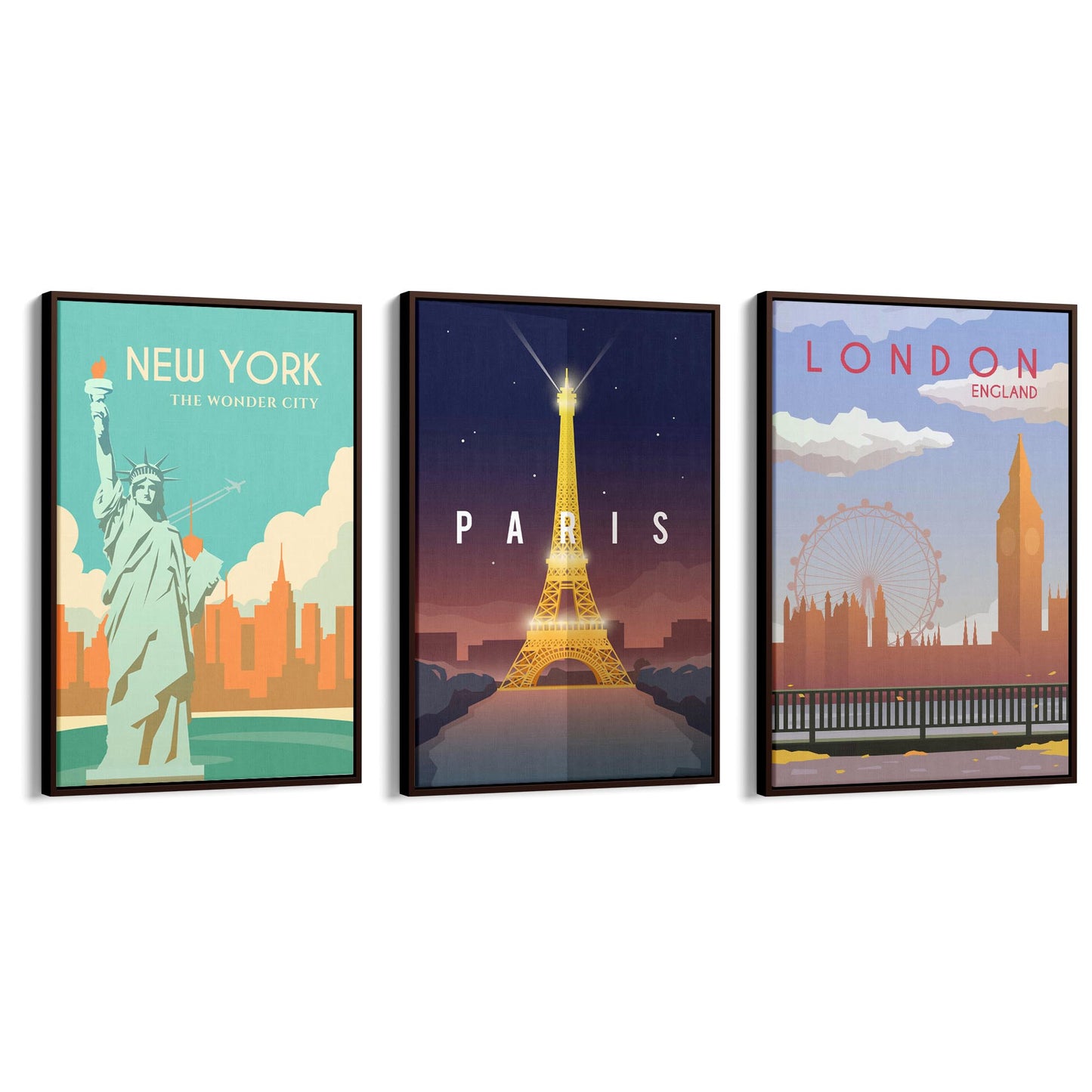 Set of Retro Travel Wall Art (Paris, New York, London) - The Affordable Art Company