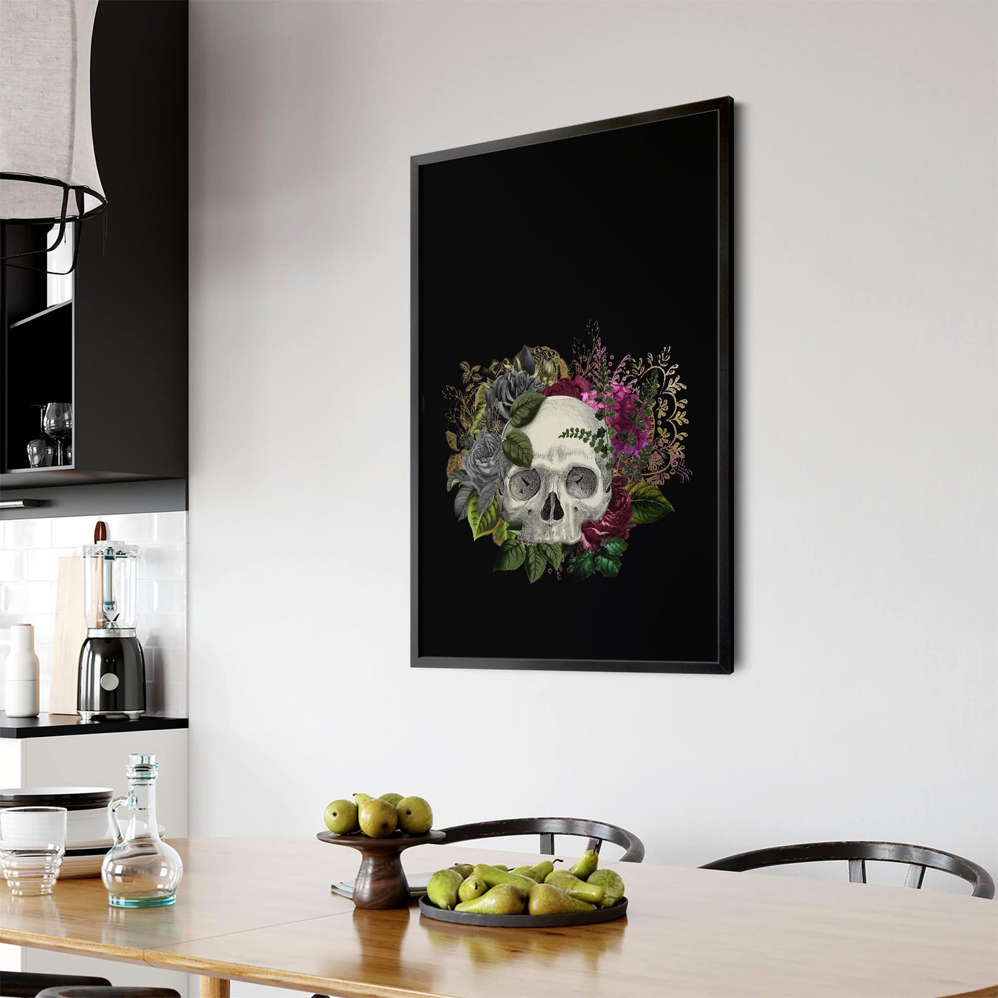 Black Skull and Flowers Fashion Bedroom Wall Art - The Affordable Art Company