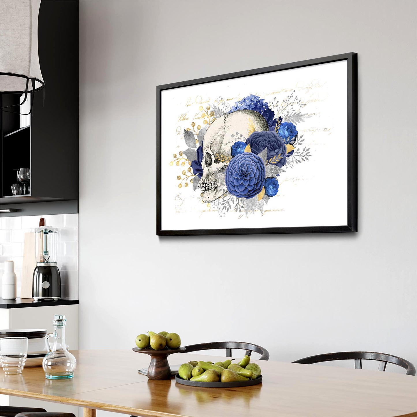 Blue Floral Skull Fashion Girls Bedroom Wall Art #1 - The Affordable Art Company