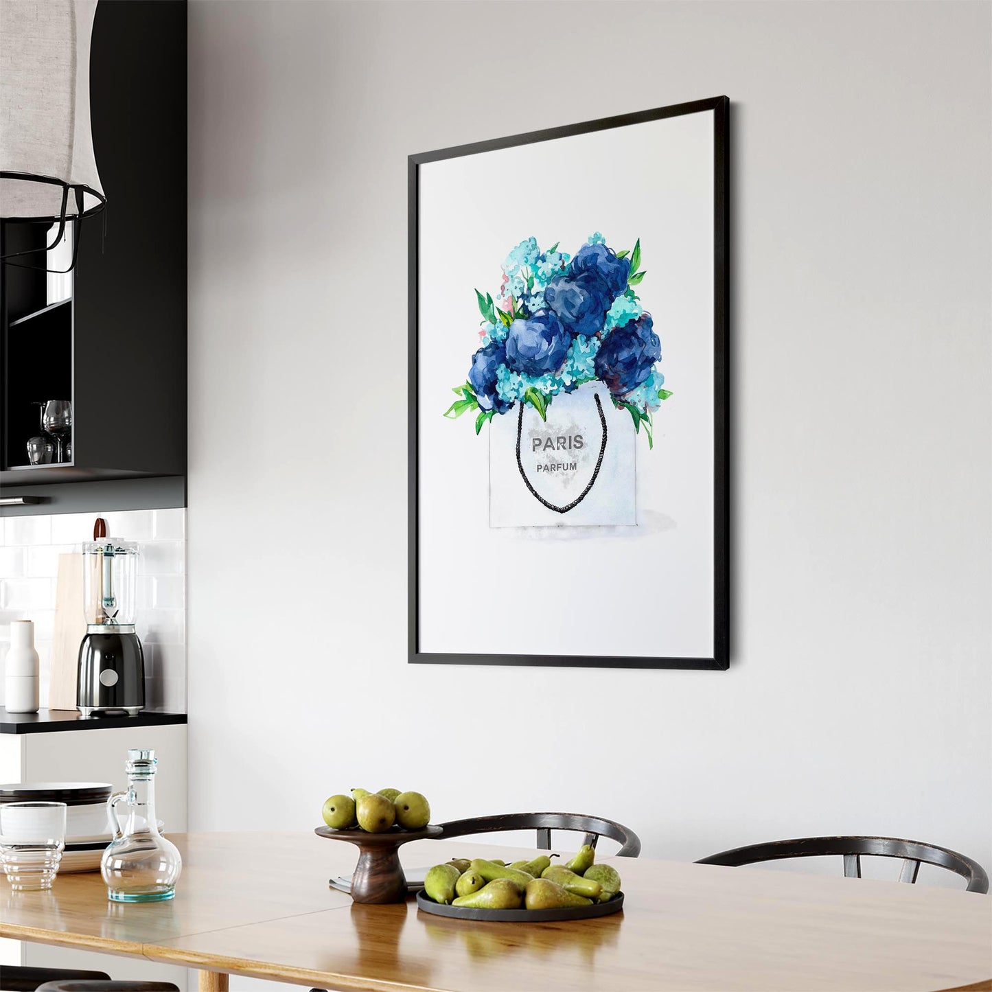Blue Floral Shopping Bag Fashion Flowers Wall Art - The Affordable Art Company