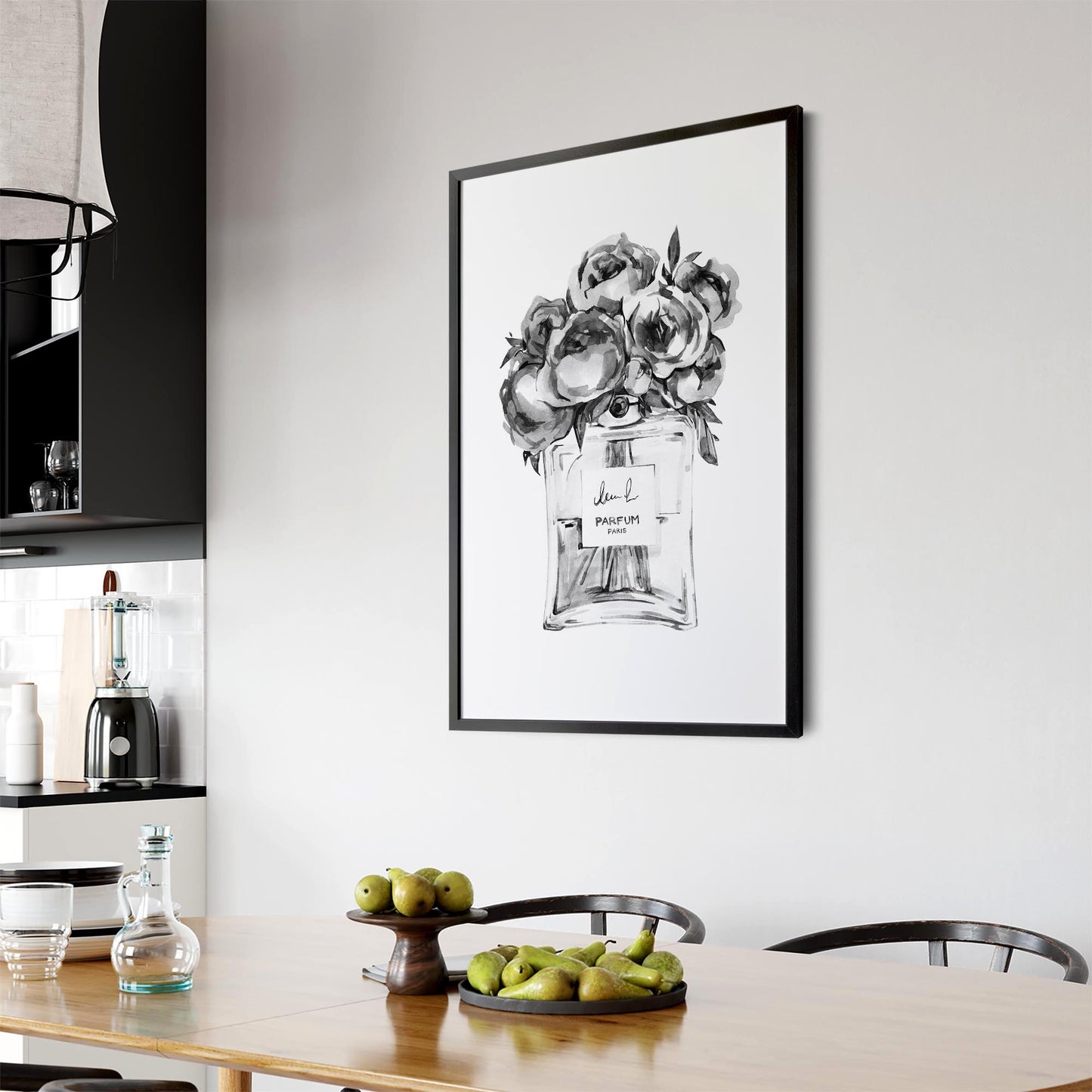 Black and White Floral Perfume Bottle Fashion Wall Art - The Affordable Art Company