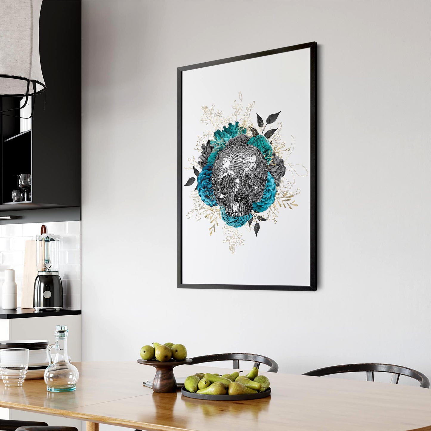 Teal Floral Skull Gothic Bedroom Wall Art - The Affordable Art Company