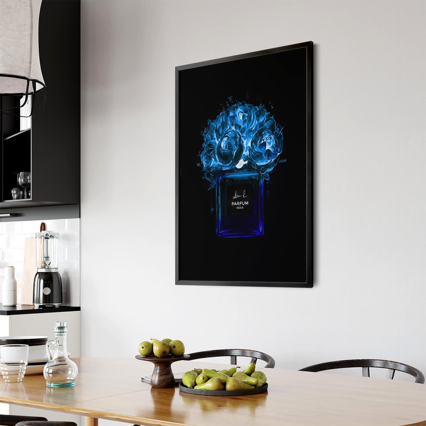 Neon Blue Floral Perfume Bottle Fashion Wall Art - The Affordable Art Company