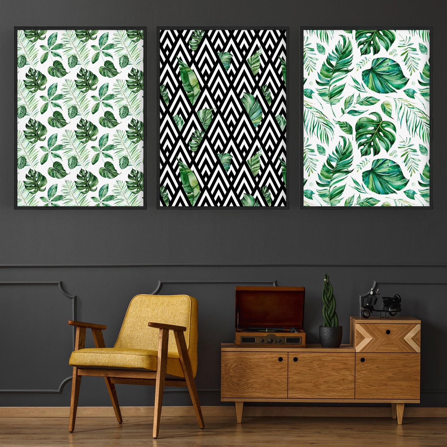 Set of 3 Green Leaf Pattern Nature Wall Art - The Affordable Art Company
