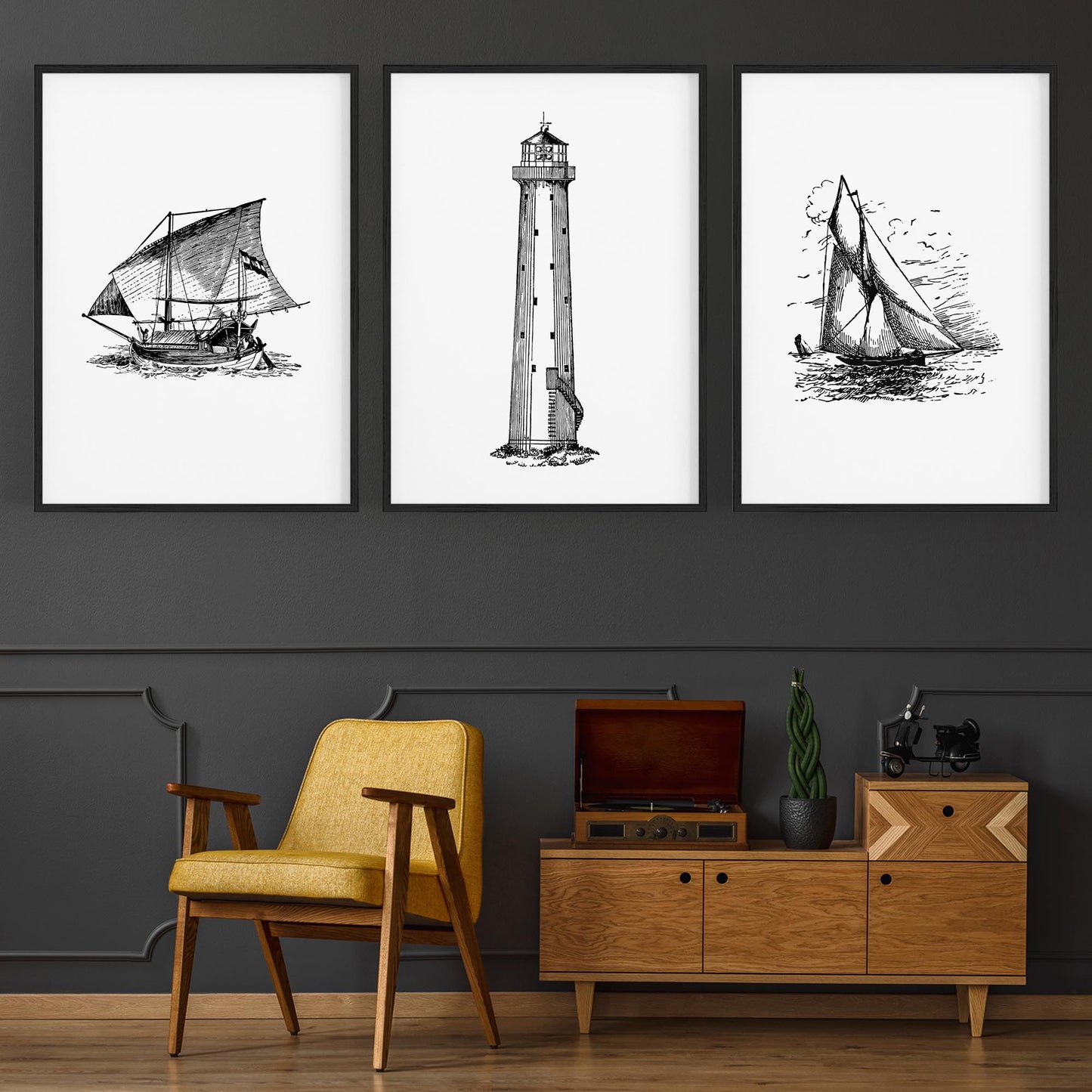 Set of Nautical Coast Drawings Coastal Wall Art #2 - The Affordable Art Company