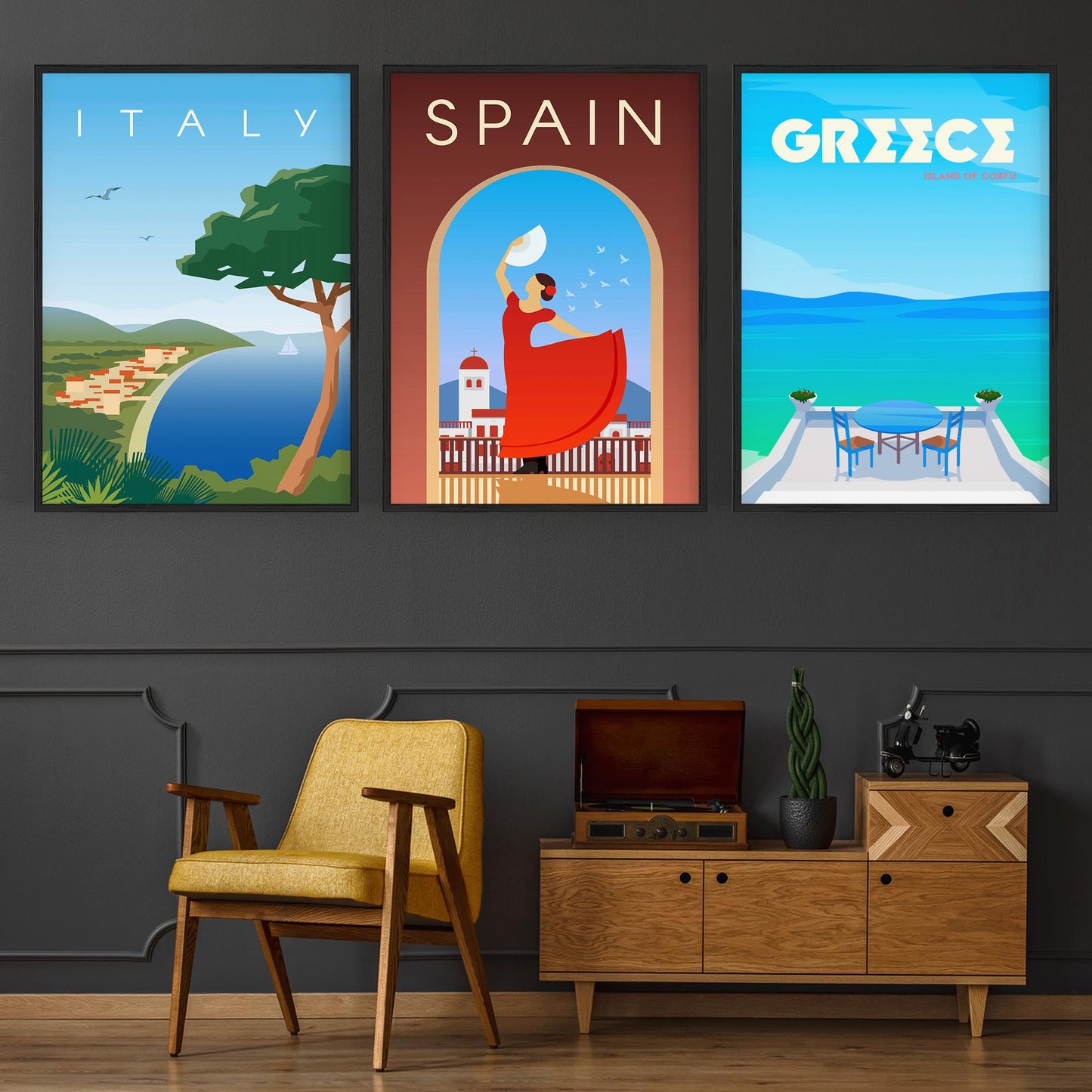 Set of Retro Travel Wall Art (Mediterranean Travel) - The Affordable Art Company