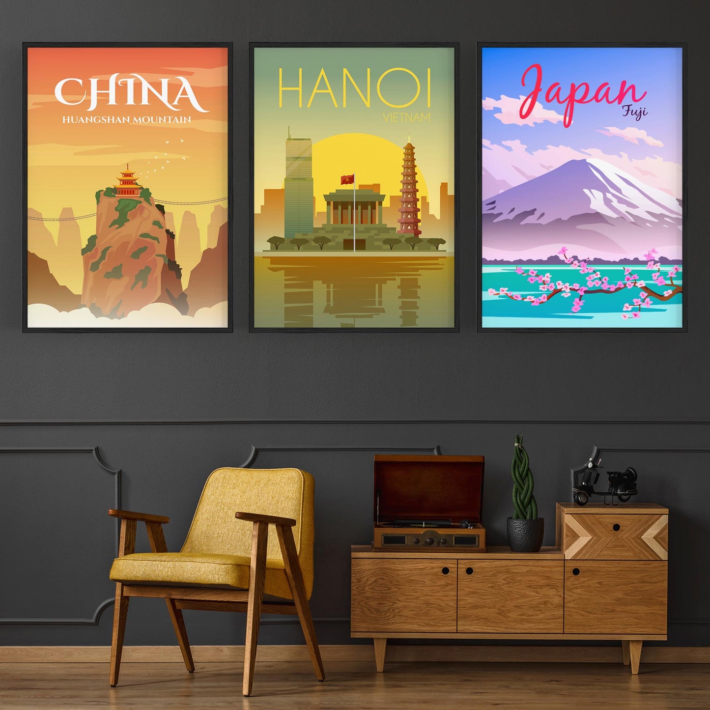 Set of Retro Travel Wall Art (Asian Travel) - The Affordable Art Company