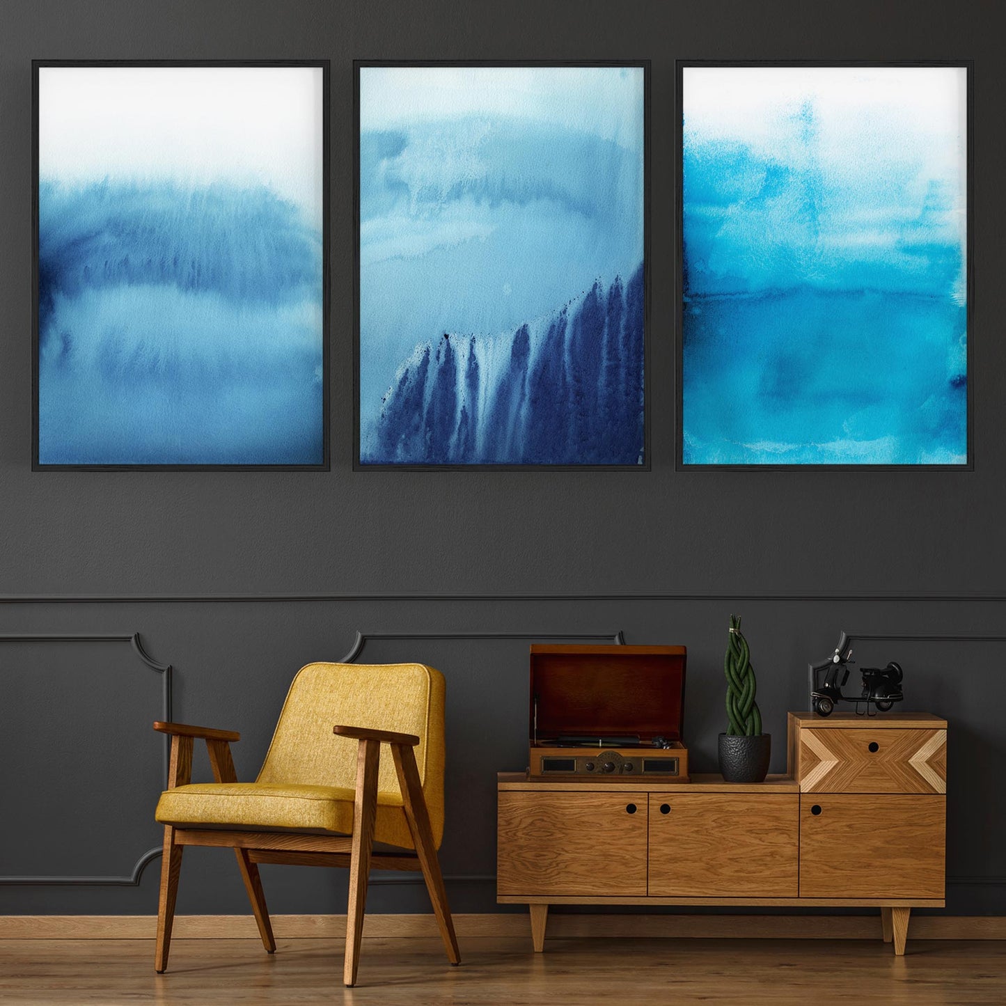 Set of Blue Ink Abstract Painting Faded Wall Art #2 - The Affordable Art Company