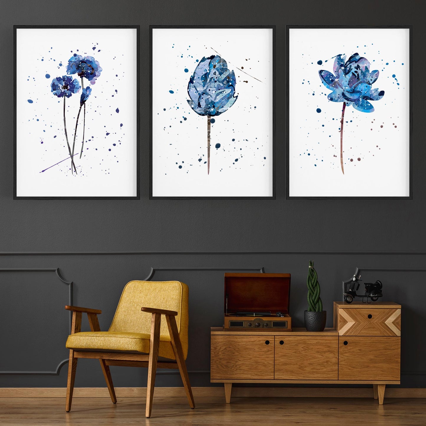 Set of Blue Scandi Flower Abstract Kitchen Wall Art - The Affordable Art Company