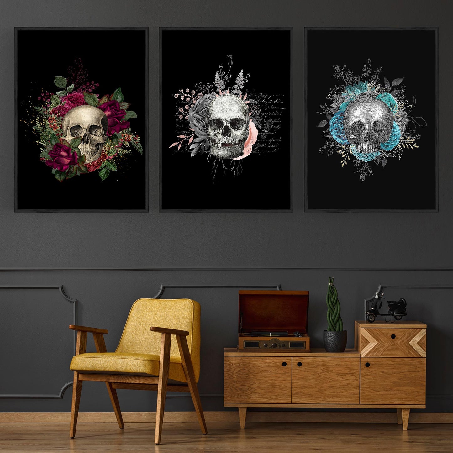 Set of Dark Floral Skull Fashion & Flowers Wall Art - The Affordable Art Company