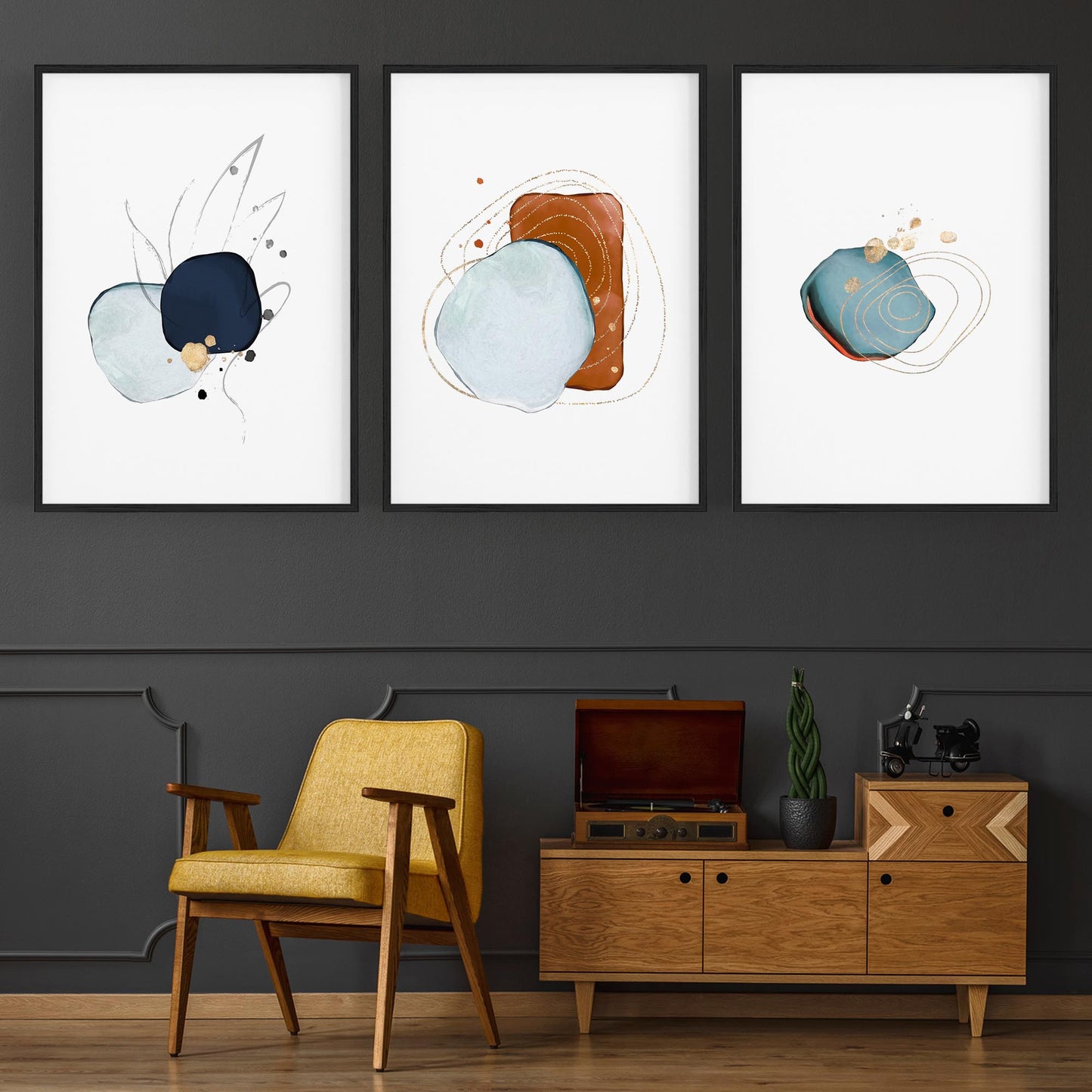 Set of Abstract Shape Minimal Blue Modern Wall Art #2 - The Affordable Art Company