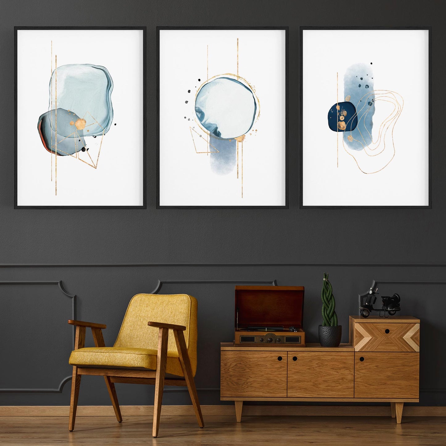 Set of Abstract Shape Minimal Blue Modern Wall Art #1 - The Affordable Art Company