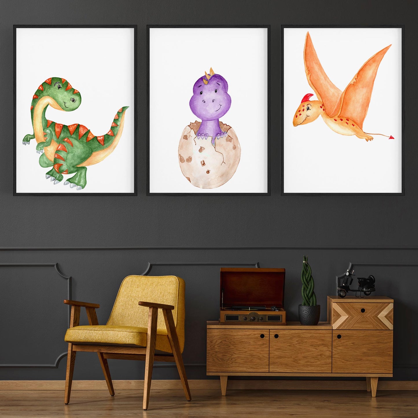 Set of Cartoon Dinosaur Nursery Bedroom Wall Art #1 - The Affordable Art Company
