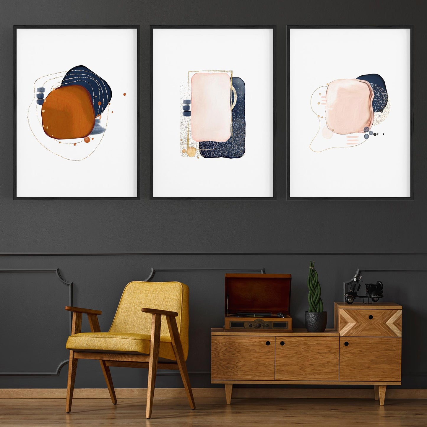 Set of Abstract Shape Minimal Blue Modern Wall Art #3 - The Affordable Art Company