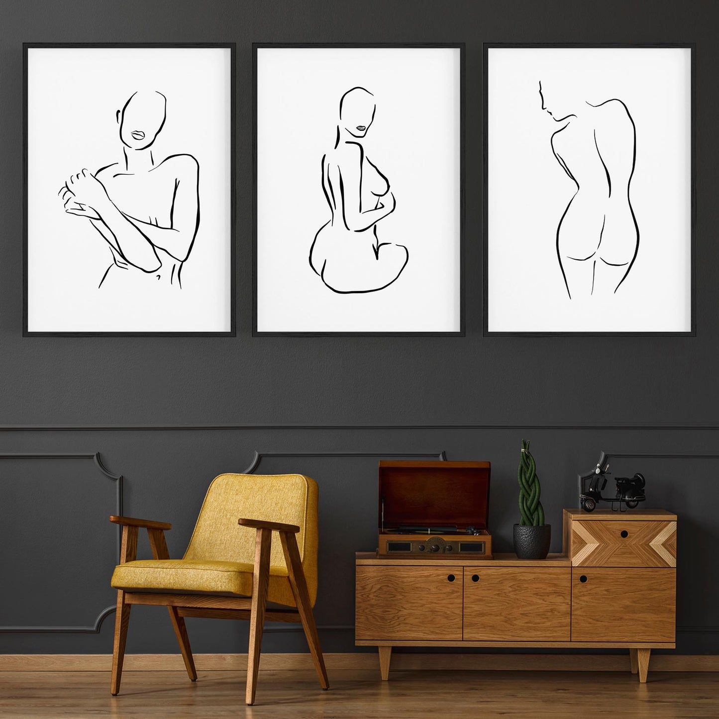 Set of 3 Nude Line Drawing Woman Wall Art - The Affordable Art Company