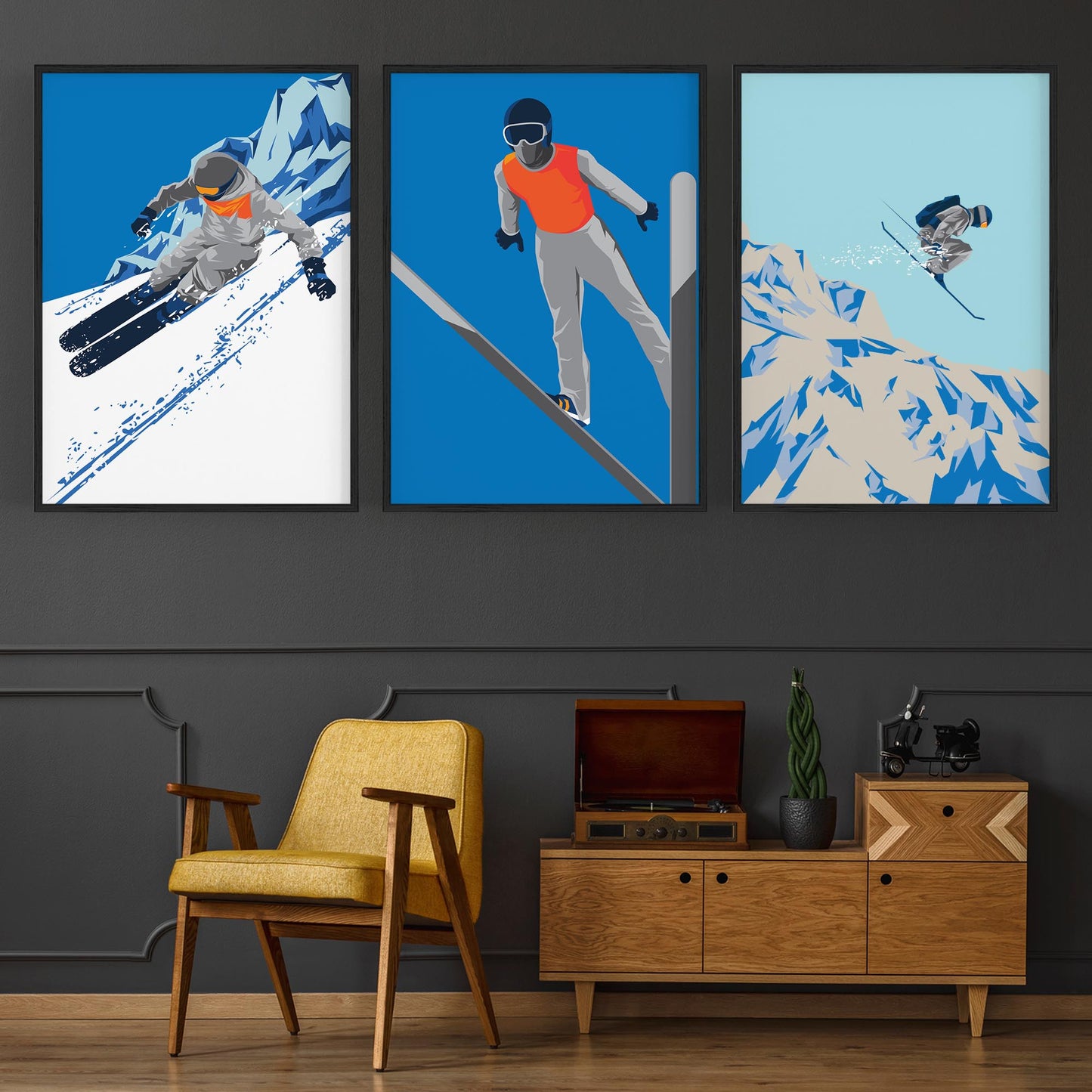 Set of Retro Skiing Snow Cabin Winter Ski Wall Art - The Affordable Art Company