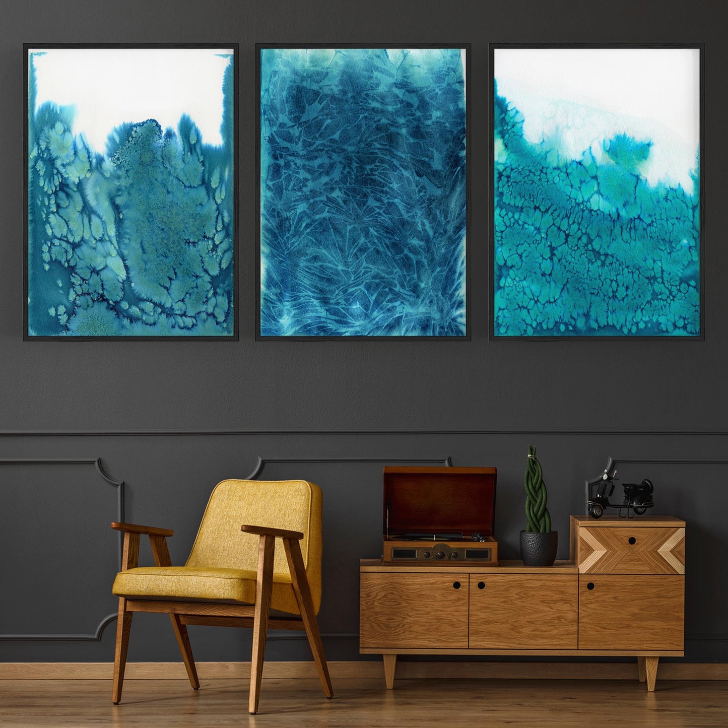 Set of Blue Ink Abstract Painting Faded Wall Art #4 - The Affordable Art Company