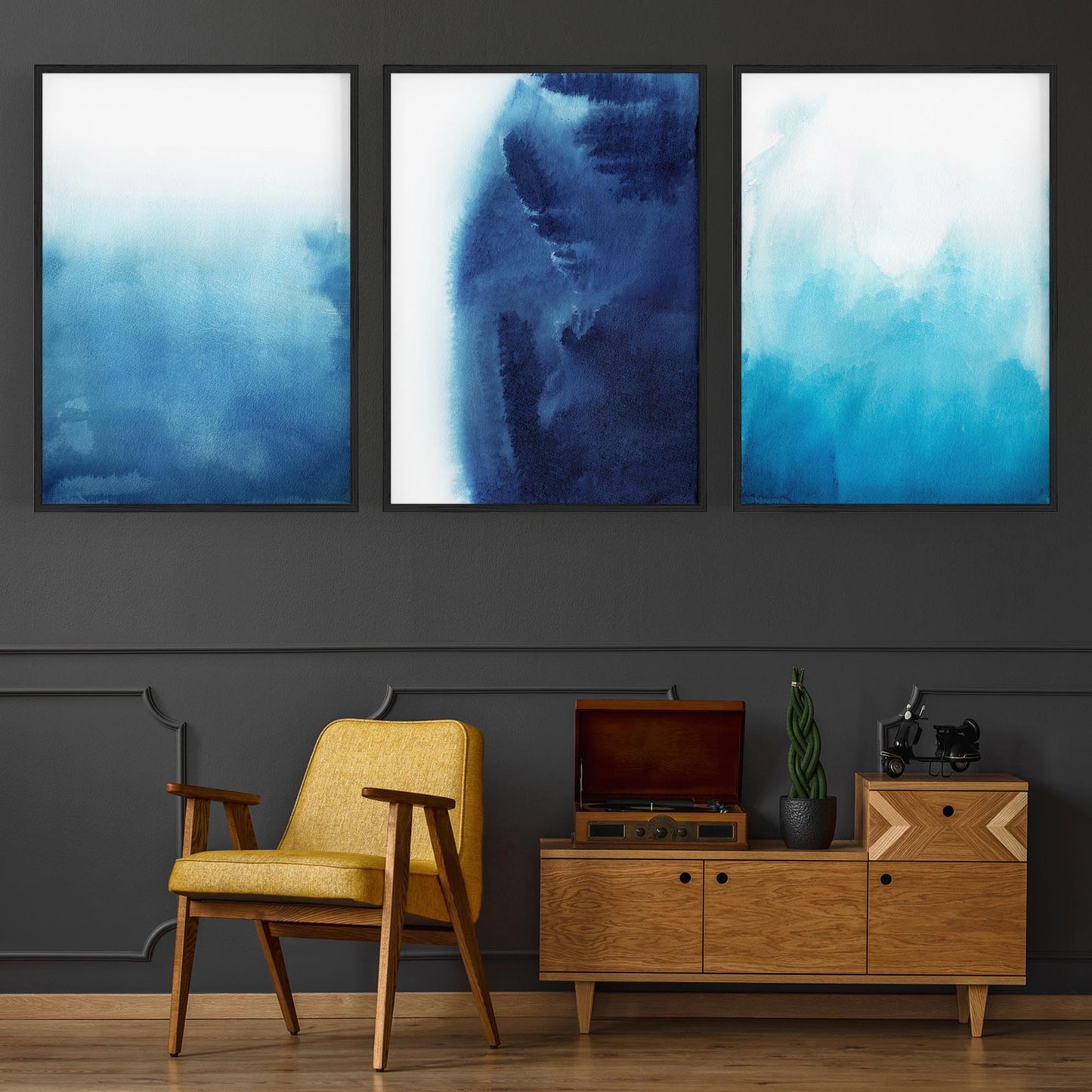 Set of Blue Ink Abstract Painting Faded Wall Art #1 - The Affordable Art Company