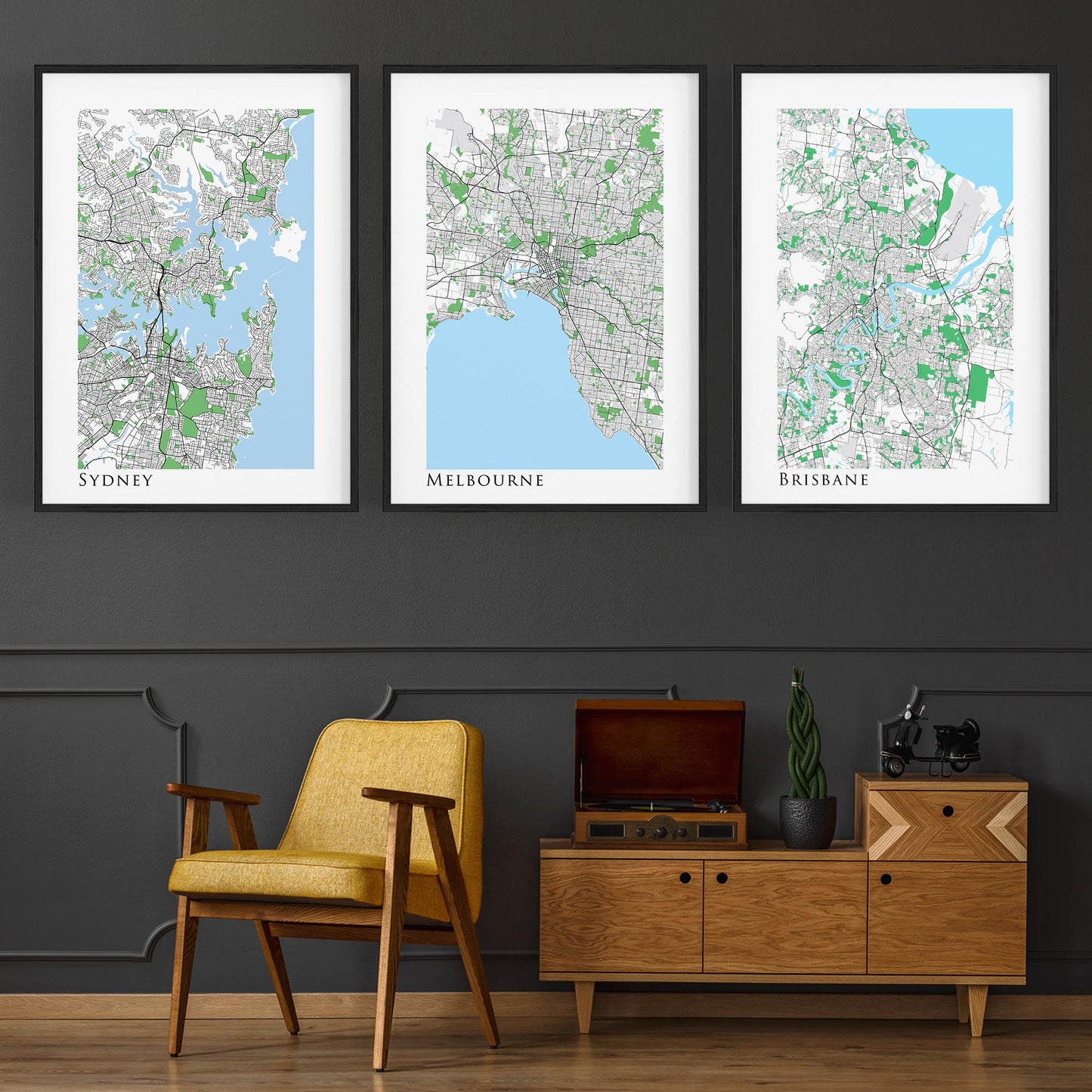 Set of Sydney, Melbourne & Brisbane Map Wall Art - The Affordable Art Company