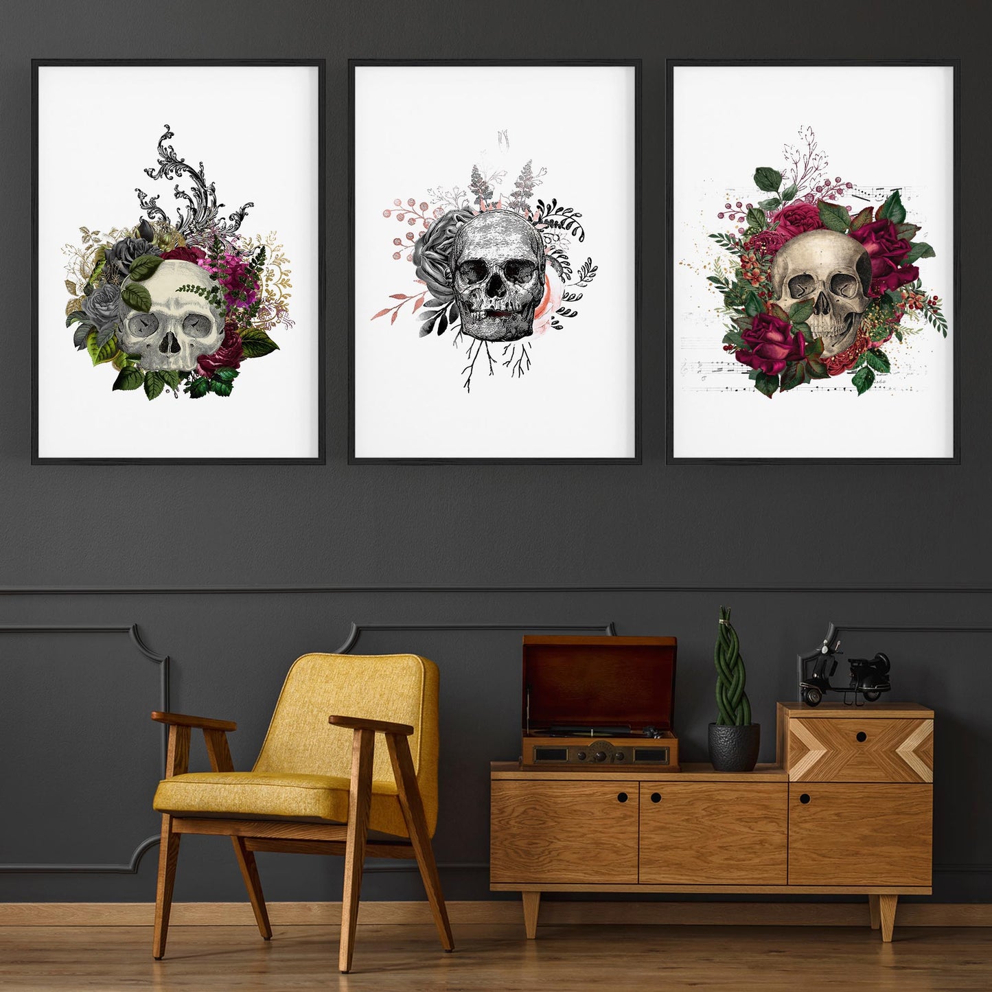 Set of Floral Skull Fashion Bedroom Wall Art - The Affordable Art Company