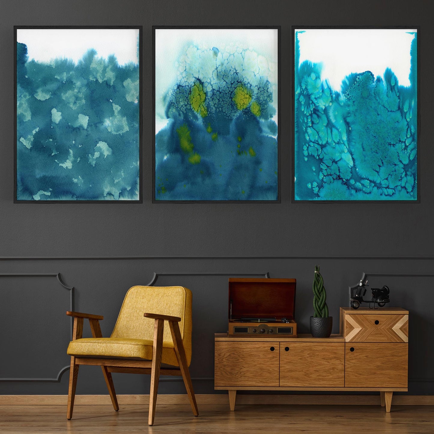 Set of Blue Ink Abstract Painting Faded Wall Art #5 - The Affordable Art Company