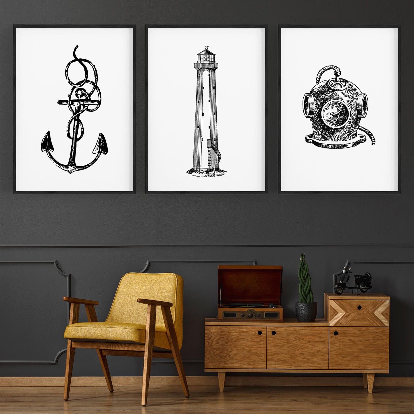 Set of Nautical Coast Drawings Coastal Wall Art #1 - The Affordable Art Company