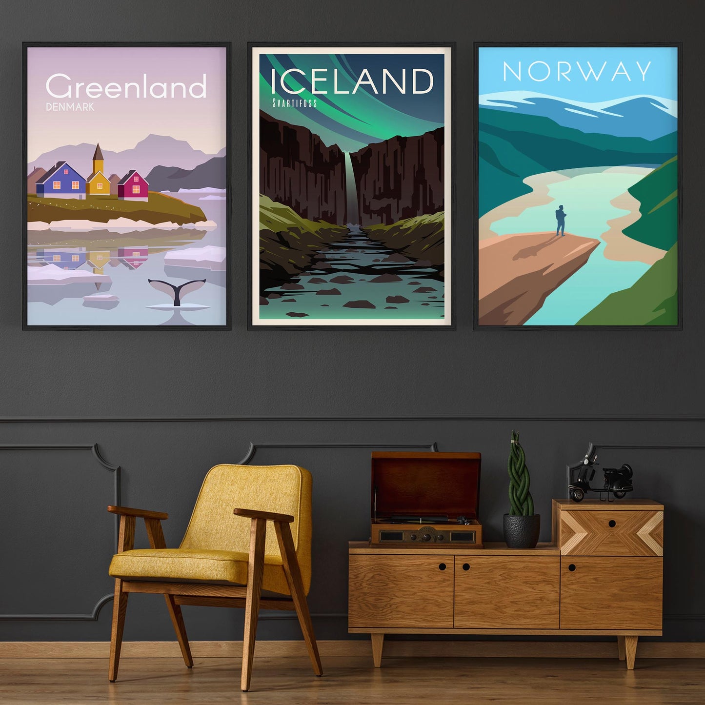 Set of Retro Travel Wall Art (Norway, Iceland, Greenland) - The Affordable Art Company