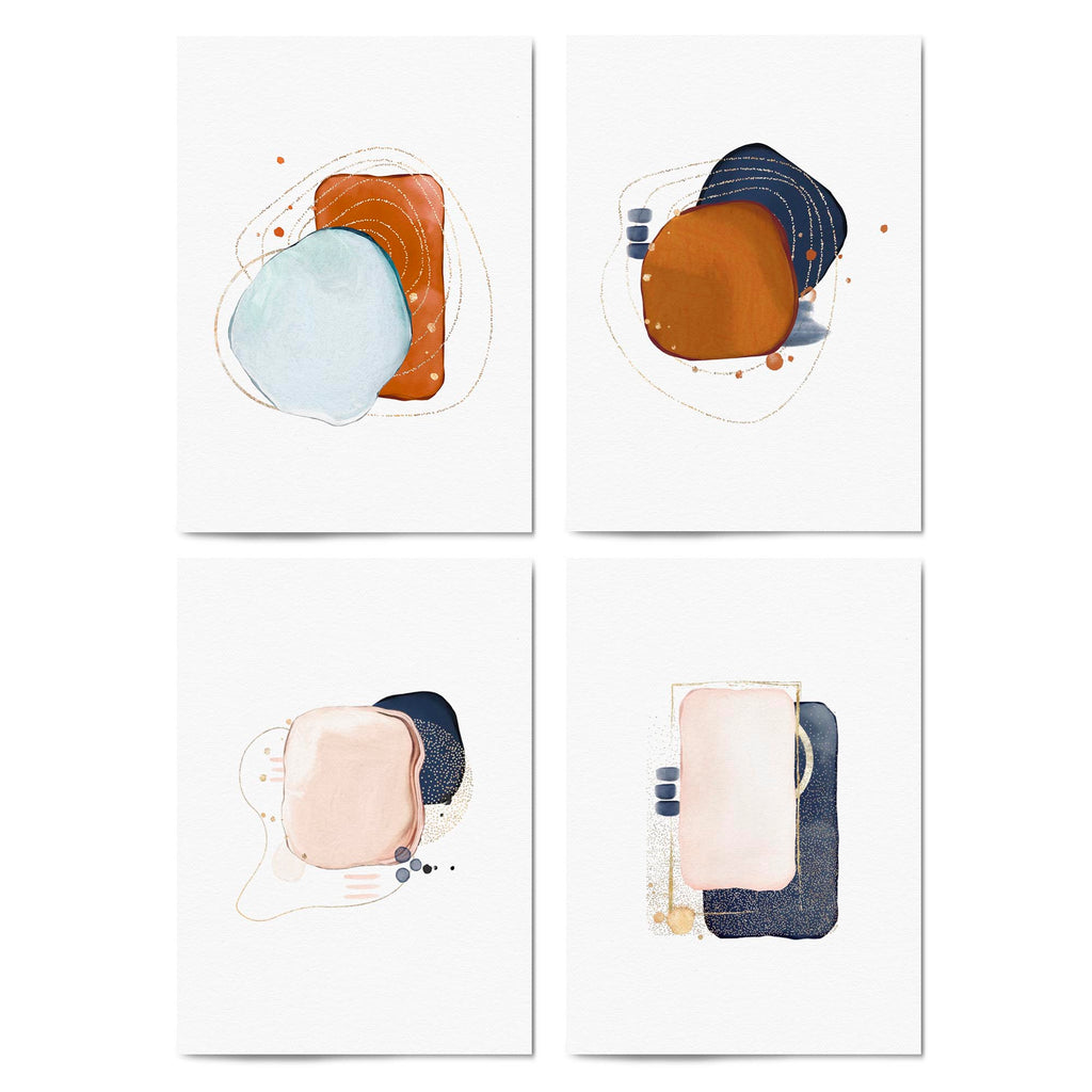 Set of 4 Abstract Blue, Orange and Peach Minimal Wall Art - The Affordable Art Company